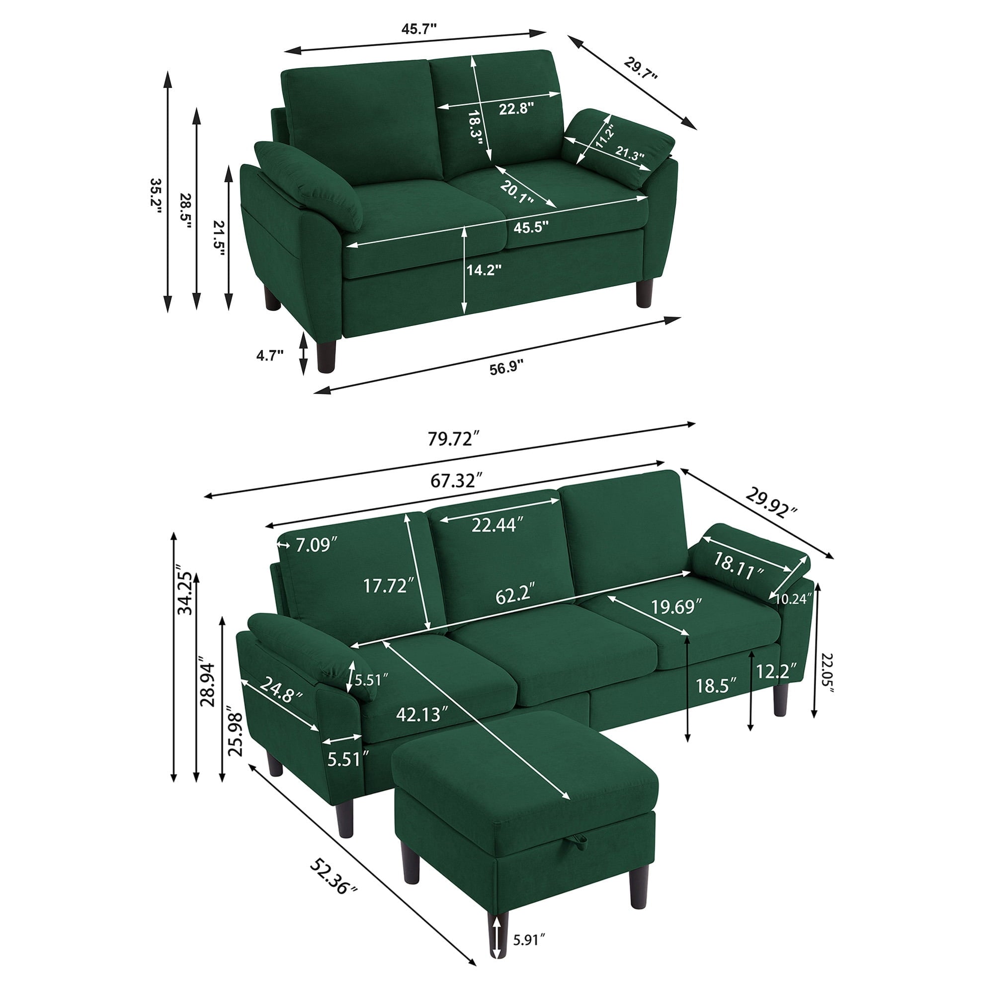 Soscana Living Room Furniture 2 Piece Set,Sectional Sofa Couch with Storage Ottoman and Double Seater Loveseat,Green