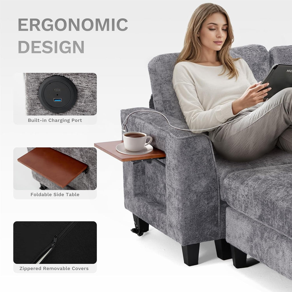 COLAMY 118" U Shaped Sectional Couches,4 Seat Modular Sofa with 2 Ottoman and Foldable Side Table for Living Room, Grey