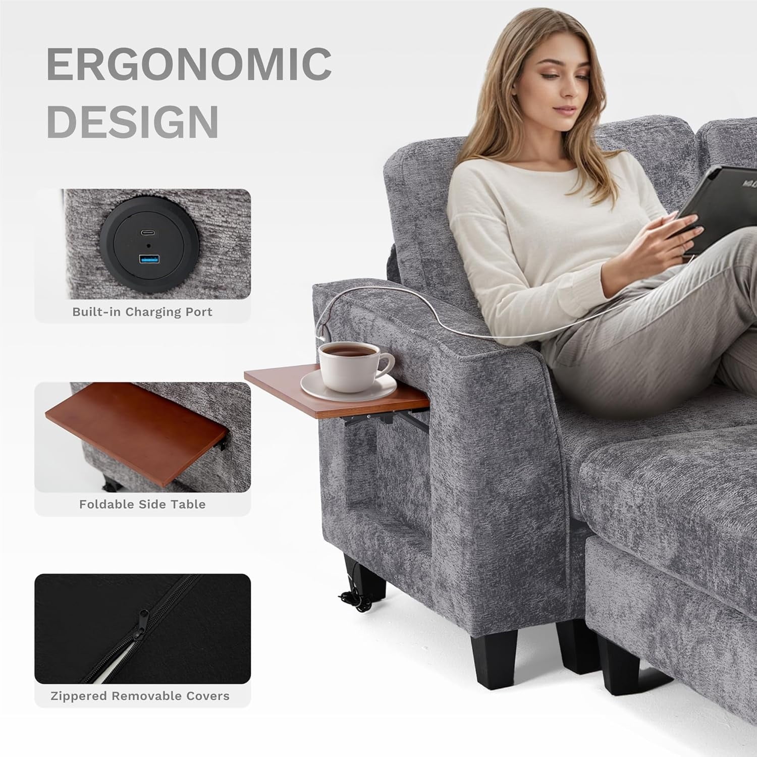 COLAMY 118" U Shaped Sectional Couches,4 Seat Modular Sofa with 2 Ottoman and Foldable Side Table for Living Room, Grey