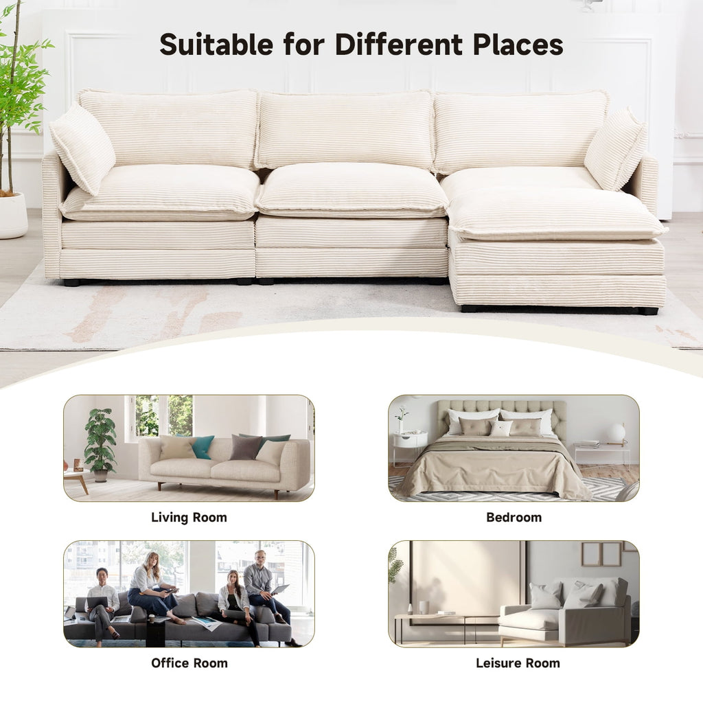 JUSTLET Sectional Sofa with Ottoman, L Shaped Corduroy Cloud Couch with Chaise, Modular Sectional Sofa Sleeper Furniture Set for Living Room, Beige