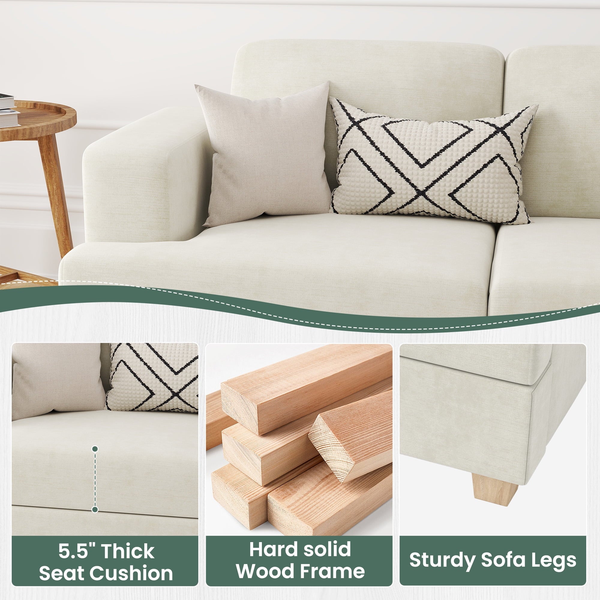 YOUDENOVA 63 Inch Sofa Couch, Modern 2-Seater Sofa for Living Room, Modern Sleeper Couches Deep Seat Sofa Lounge for Apartment, Beige Chenille