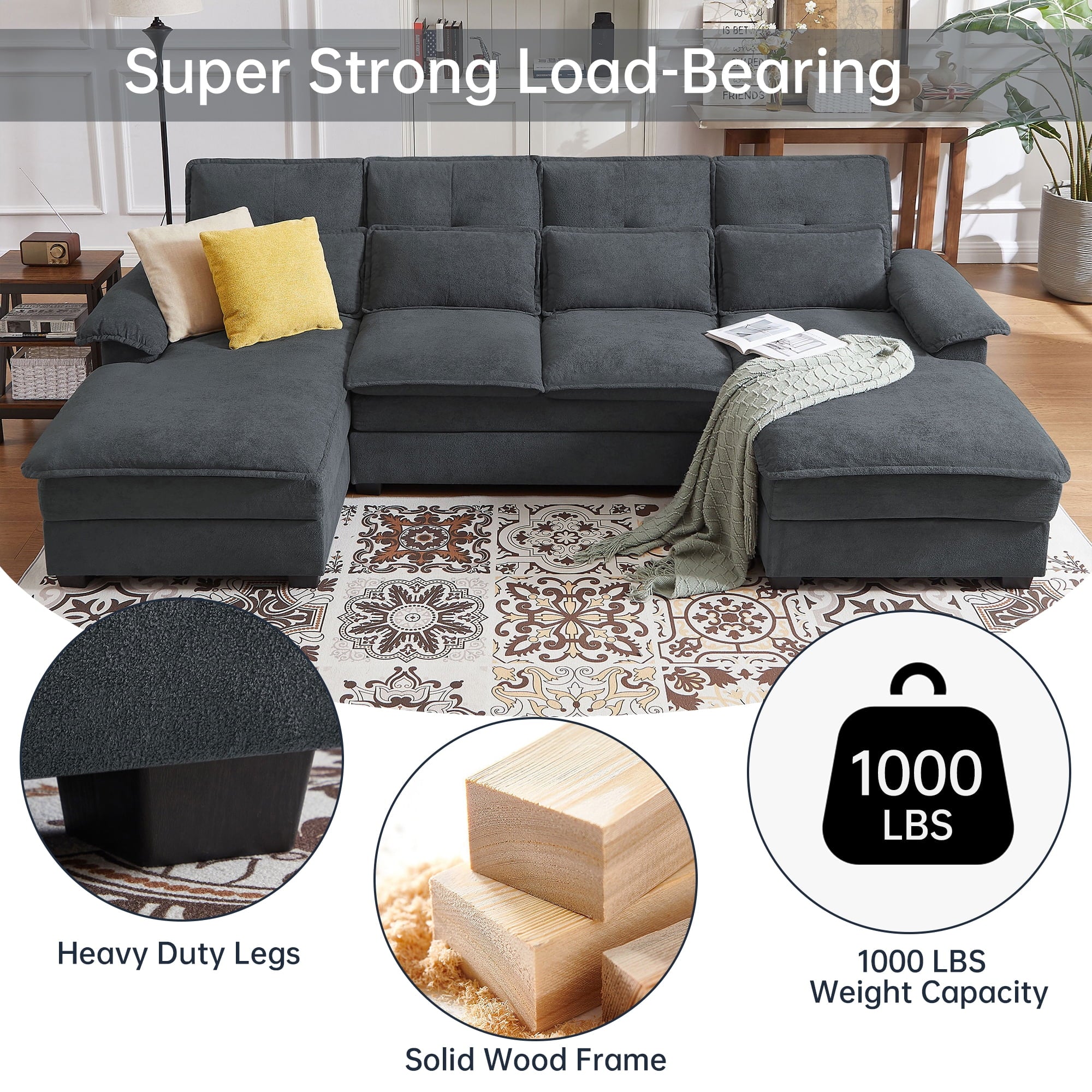 Pingliang Home 109.8" Oversized U Shaped Couch,4 Seat Sectional Sofa with 4 Lumbar Pillow,Upholstered Symmetrical Cloud Couch with Double Chaise,Wrap Around Sofa for Living Room Apartment Office,Gray