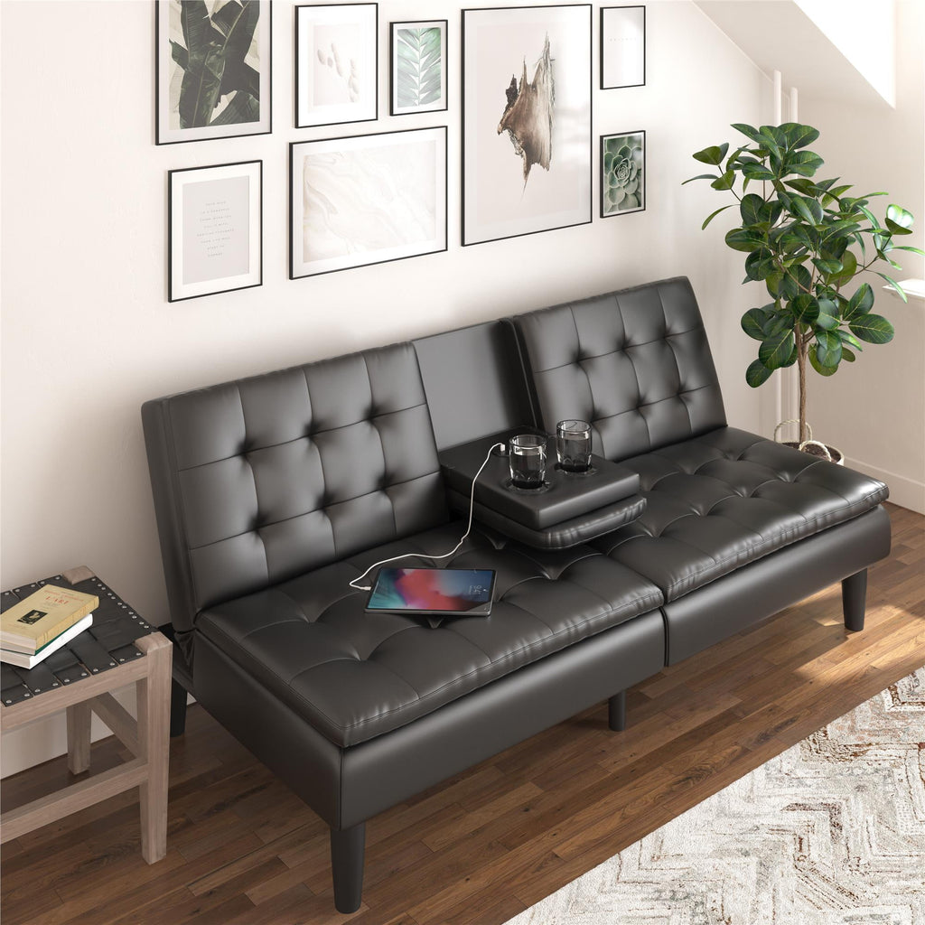 Mainstays Memory Foam 71.5" Futon with Cupholder and USB, Black Faux Leather