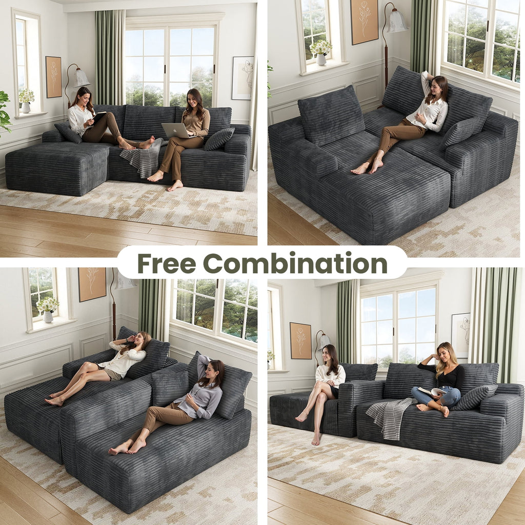 104" Cloud Sectional Couch with L-Shape Chaise, Modern Modular Sofa with Deep Seat, Upholstered Couches with Back Cushion for Living Room Bedroom, No Assembly Required, Black Grey (Corduroy Fabric)
