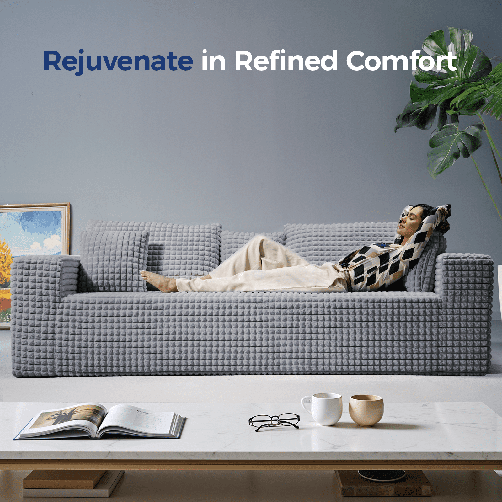 101" No-Assembly Diamond Sofa for living Room, 4 Seater Couch with 30-inch Deep Seat, Soft Fleece Design with 2-Layer Sponge - Ready to Use Out of the Box