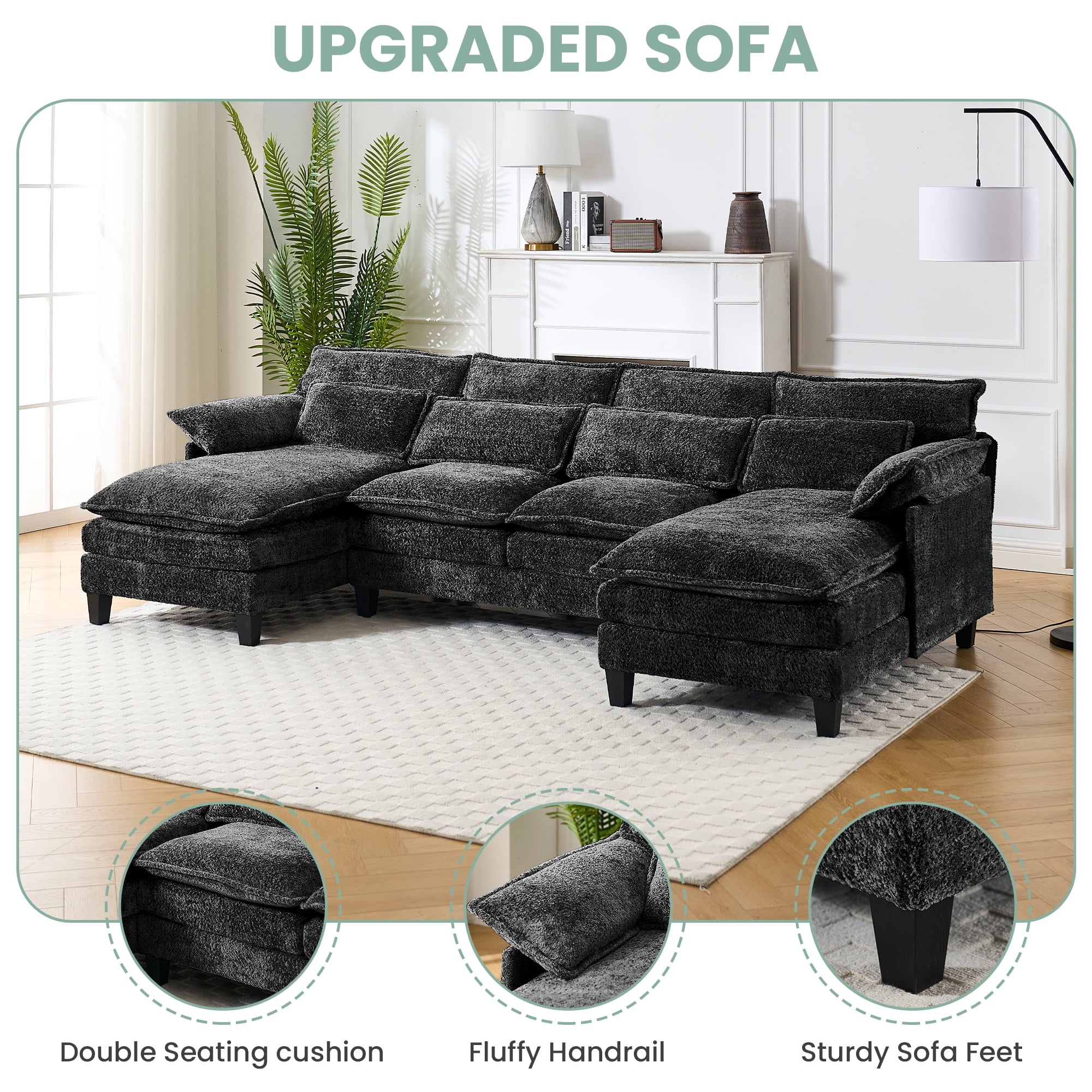 JONPONY 109.45"U Shaped Couch, 4 Seat Sectional with 4 Throw Pillows, Convertible Upholstery Symmetrical Sofá,High Dense Memory Foam with Double Chaise Lounge &Memory Foam for Living Room, Black Grey
