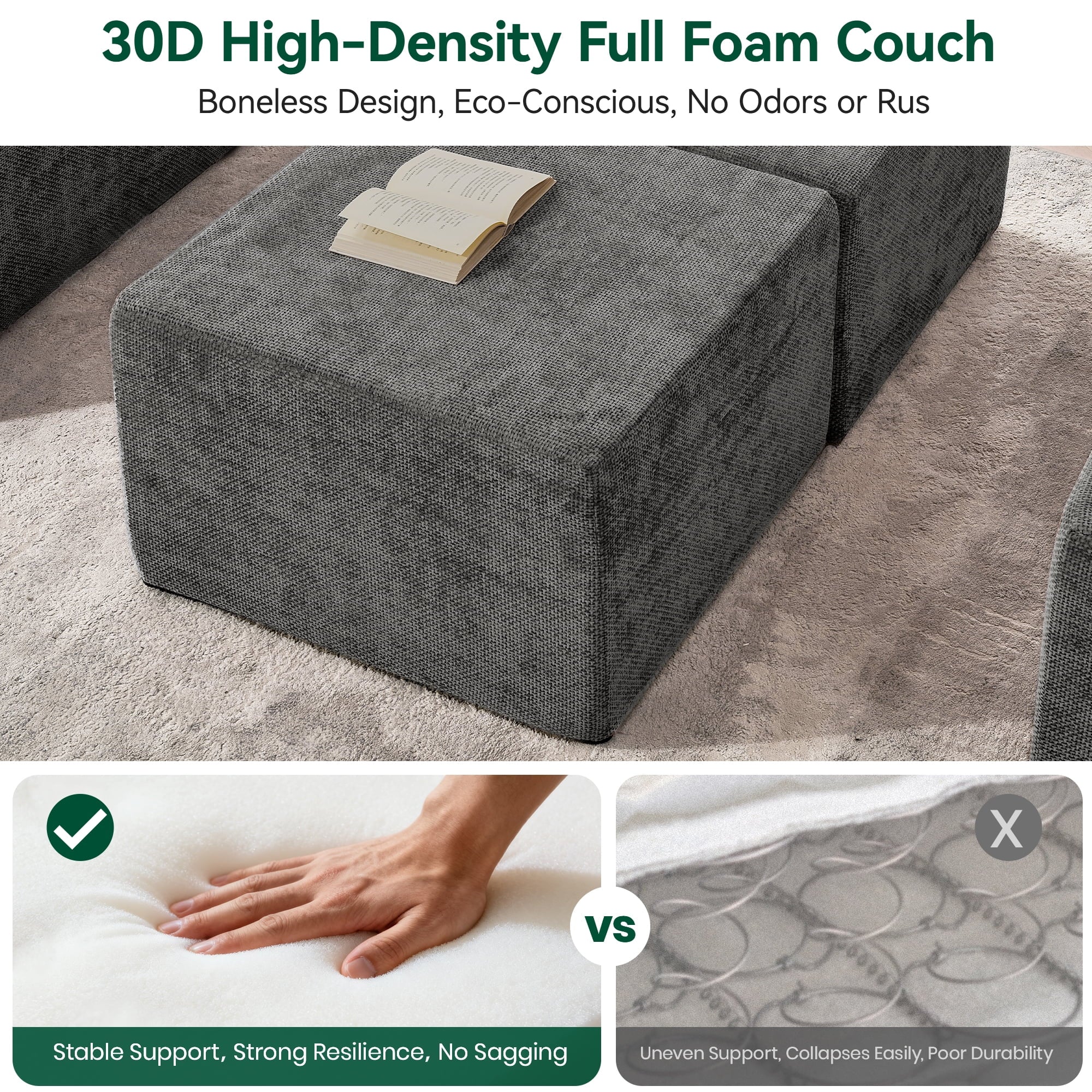 Behost 130" Oversized Modular Sectional Sofa for Living Room Furniture, Chenille Cloud Couch with Ottomans, Dark Gray