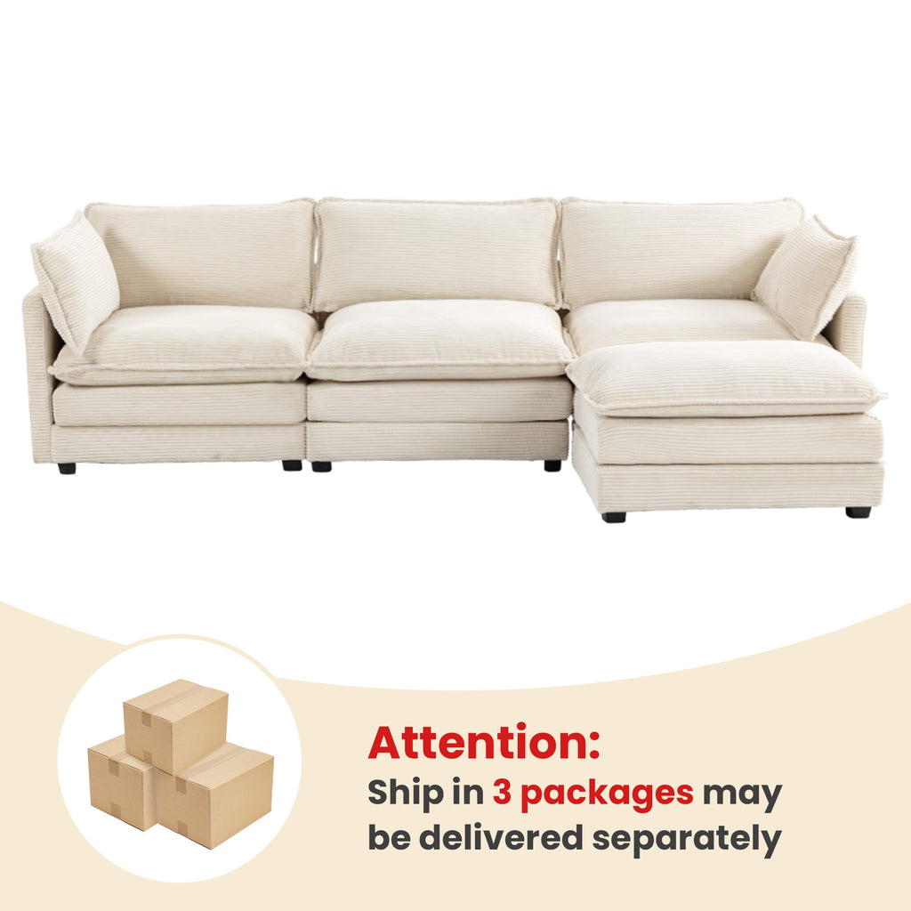 JUSTLET Sectional Sofa with Ottoman, L Shaped Corduroy Cloud Couch with Chaise, Modular Sectional Sofa Sleeper Furniture Set for Living Room, Beige