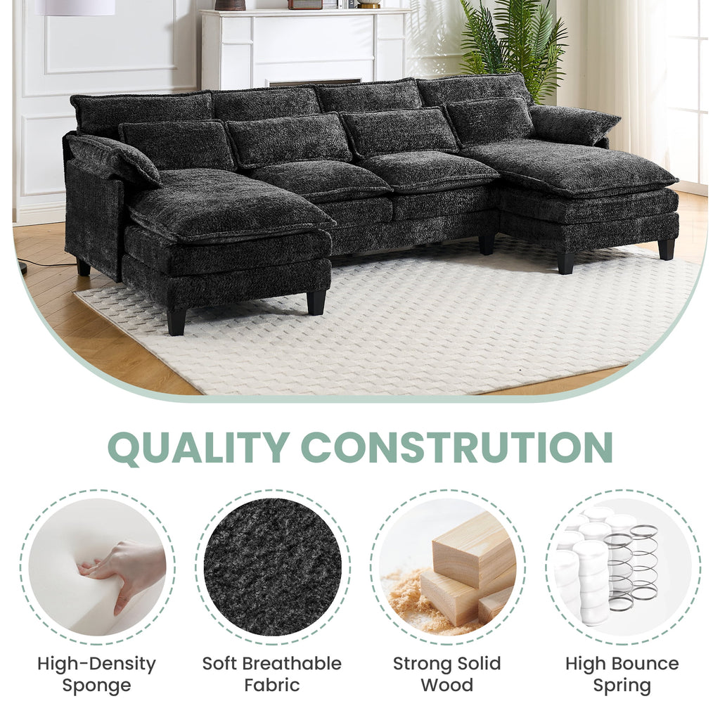 JONPONY 109.45"U Shaped Couch, 4 Seat Sectional with 4 Throw Pillows, Convertible Upholstery Symmetrical Sofá,High Dense Memory Foam with Double Chaise Lounge &Memory Foam for Living Room, Black Grey
