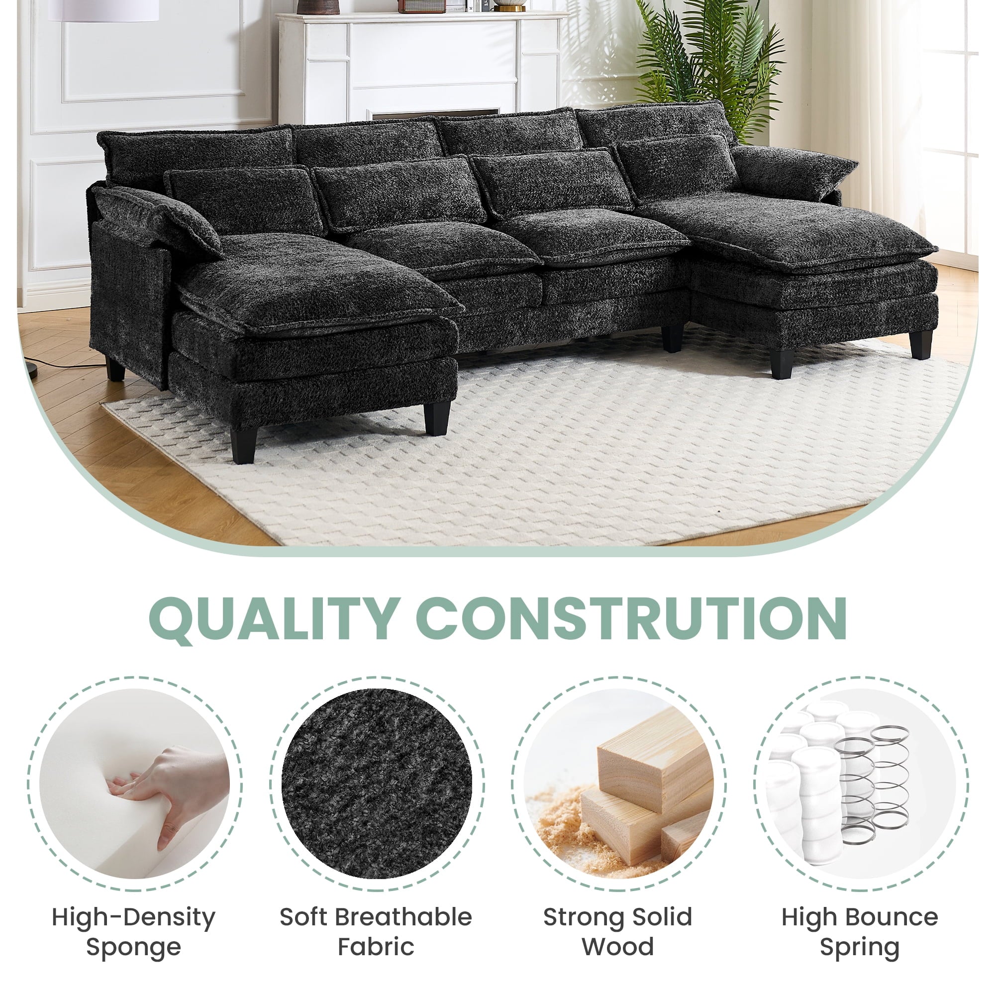 JONPONY 109.45"U Shaped Couch, 4 Seat Sectional with 4 Throw Pillows, Convertible Upholstery Symmetrical Sofá,High Dense Memory Foam with Double Chaise Lounge &Memory Foam for Living Room, Black Grey