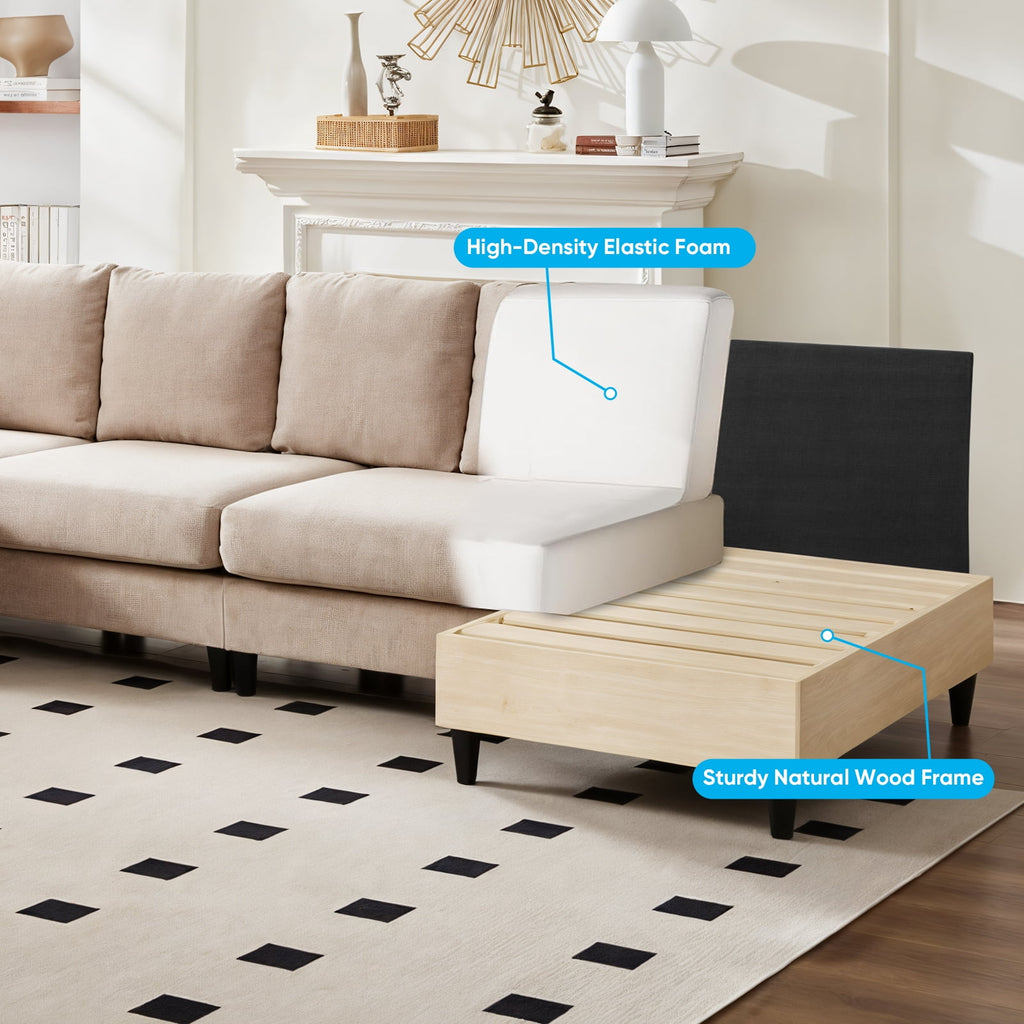 Puremind 114"W U-Shaped Sectional Sofa, Linen 4 Seat Sectional Couch with Double Chaises for Living Room/Apartment, Beige