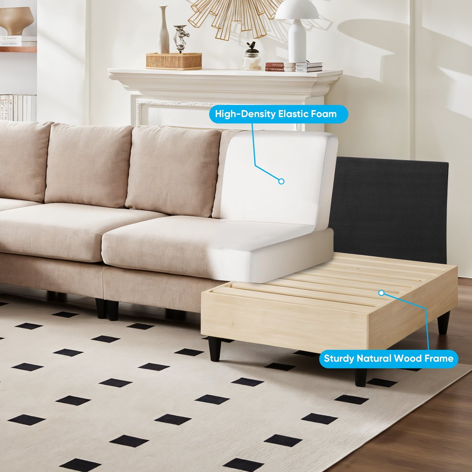 Puremind 114"W U-Shaped Sectional Sofa, Linen 4 Seat Sectional Couch with Double Chaises for Living Room/Apartment, Beige