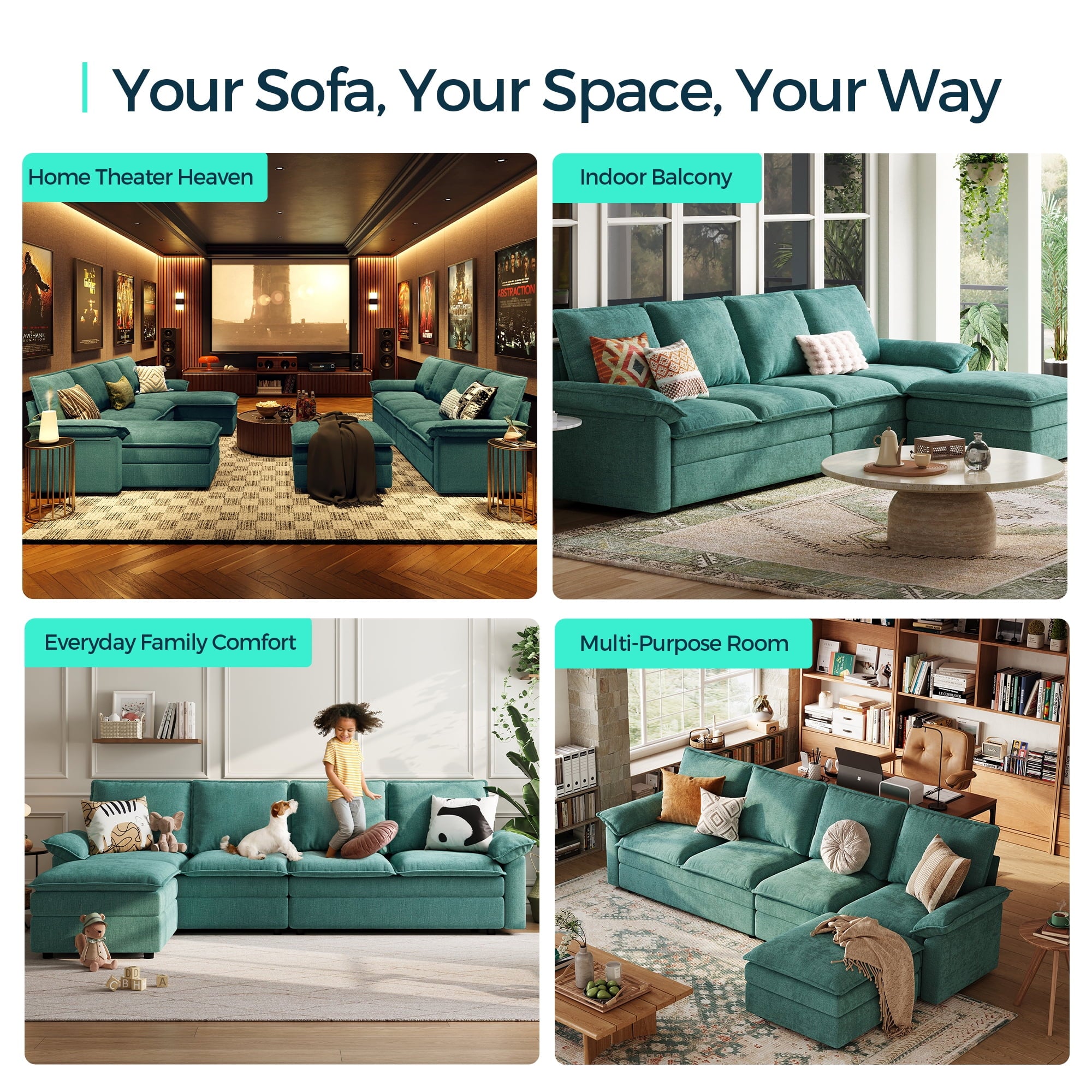 Linsy Home 113" Cloud Sectional Couches for Living Room, L-Shaped Sectional Sofa with Movable Ottoman, Green