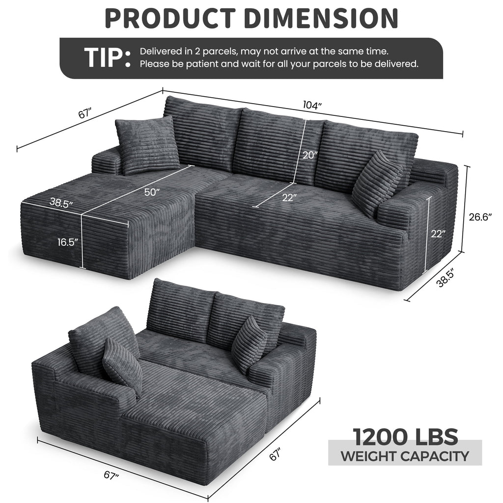 104" Cloud Sectional Couch with L-Shape Chaise, Modern Modular Sofa with Deep Seat, Upholstered Couches with Back Cushion for Living Room Bedroom, No Assembly Required, Black Grey (Corduroy Fabric)