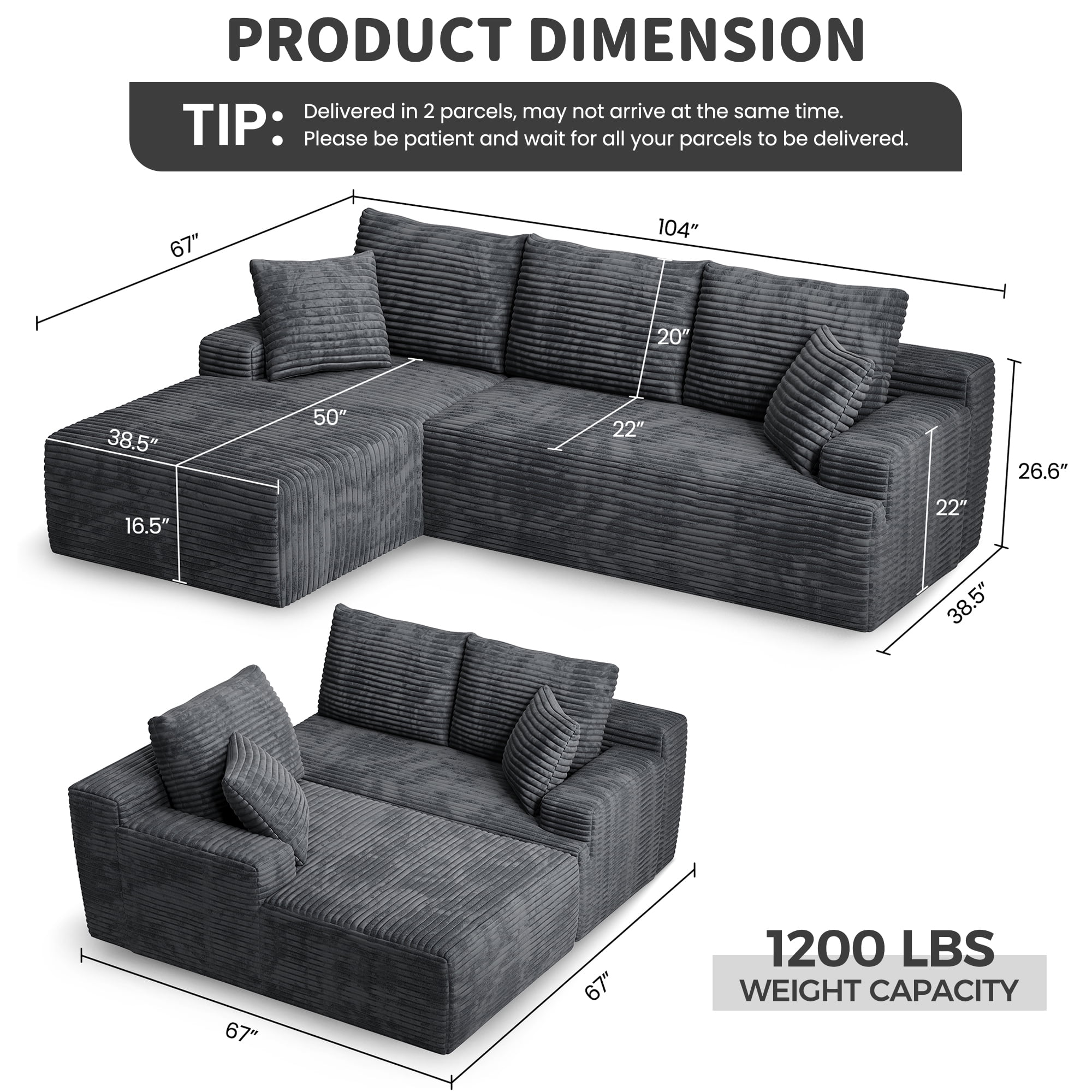 104" Cloud Sectional Couch with L-Shape Chaise, Modern Modular Sofa with Deep Seat, Upholstered Couches with Back Cushion for Living Room Bedroom, No Assembly Required, Black Grey (Corduroy Fabric)