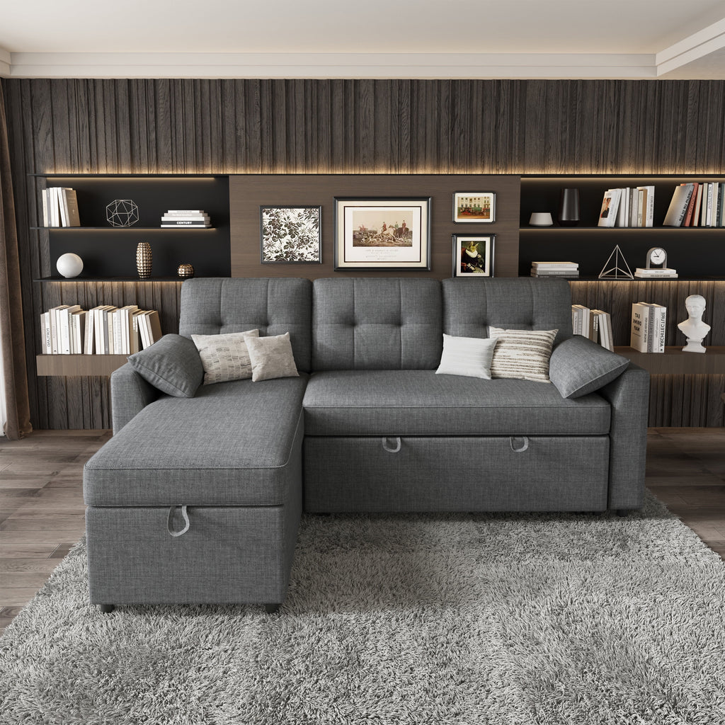 VANACC Sectional Sofa Bed with Storage and Soft Seat ,Reversible Pull Out Couch for Living Room,Gray