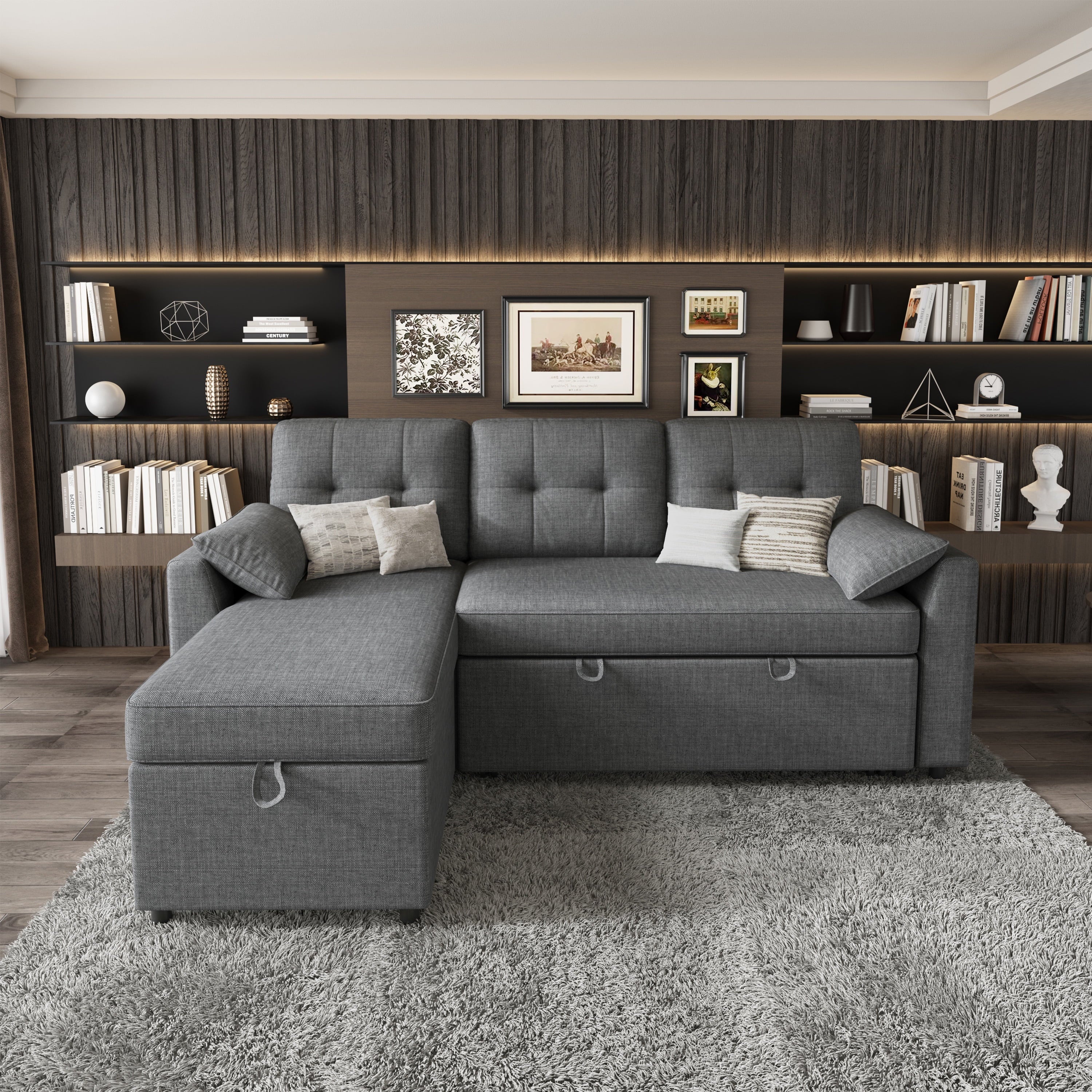 VANACC Sectional Sofa Bed with Storage and Soft Seat ,Reversible Pull Out Couch for Living Room,Gray