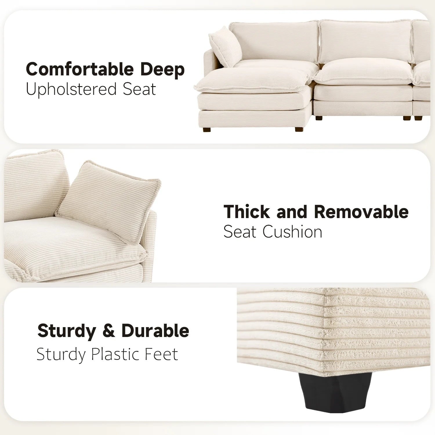 JUSTLET Sectional Sofa with Ottoman, L Shaped Corduroy Cloud Couch with Chaise, Modular Sectional Sofa Sleeper Furniture Set for Living Room, Beige