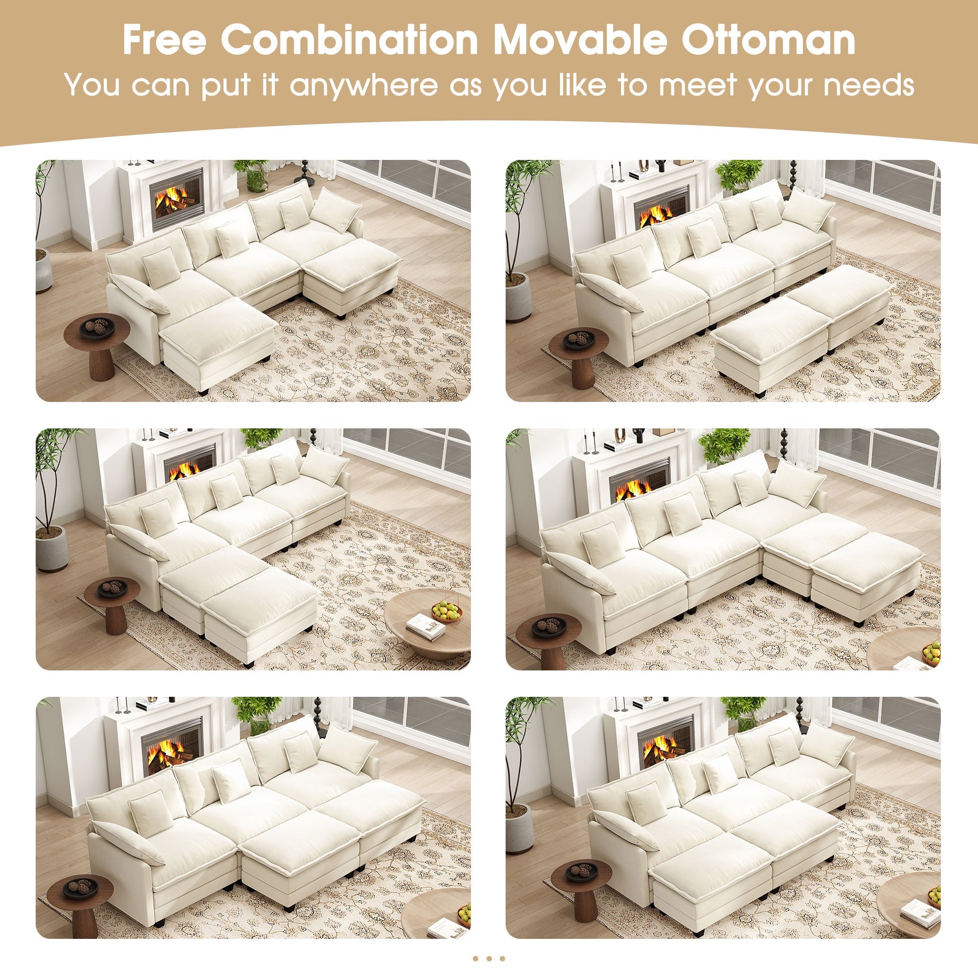 BedLuxury 111.5'' Modular Sectional Sofa with Movable Ottomans, U Shaped Cloud Couch for Living Room, 3-Seat, Beige