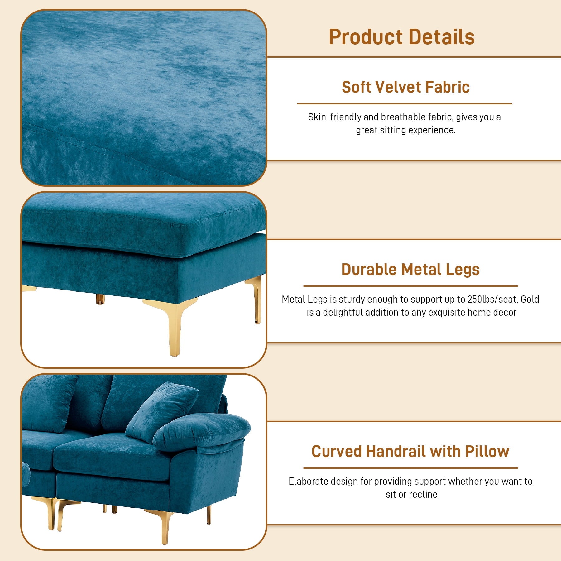 Wiilayok 114" U-Shaped Sectional Sofa,Velvet Modular 4 Seat Sofa Set for Living Room,Convertible L Shaped Sofa Couch Set with Chaise Lounge, Ottoman and Pillows