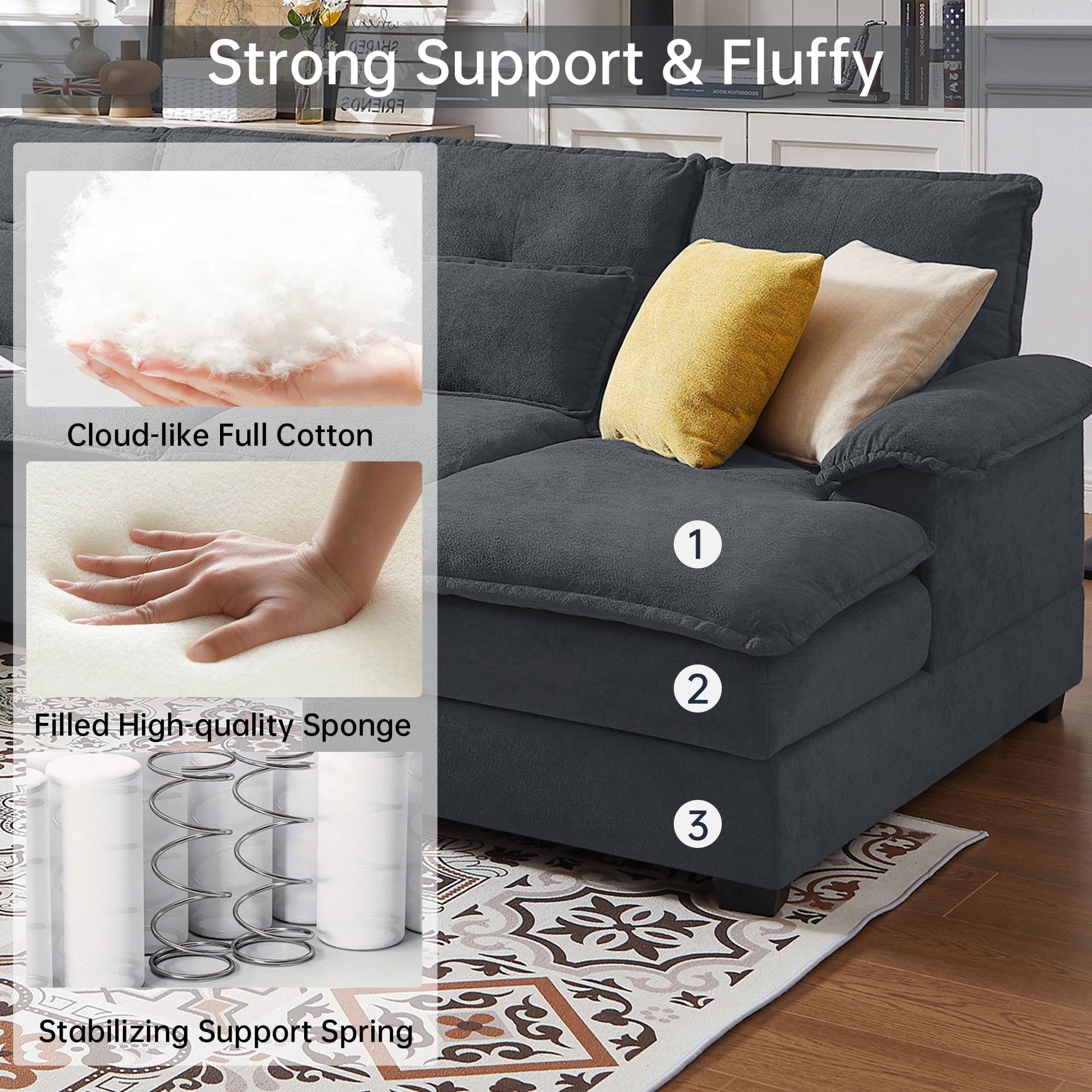 Pingliang Home 109.8" Oversized U Shaped Couch,4 Seat Sectional Sofa with 4 Lumbar Pillow,Upholstered Symmetrical Cloud Couch with Double Chaise,Wrap Around Sofa for Living Room Apartment Office,Gray