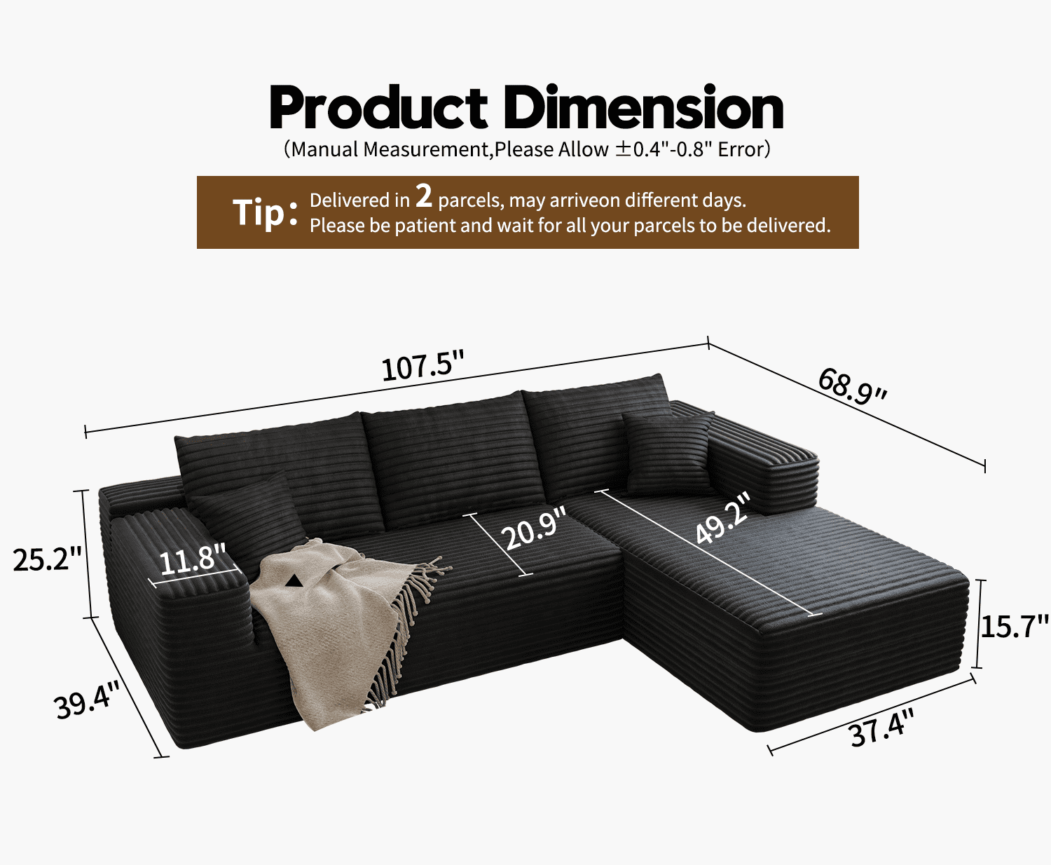 107.5" Cloud Sectional Couch with L-Shape Chaise,Modern Modular Sofa for Living Room ,No Assembly Required,(Black,Right Facing Chaise)