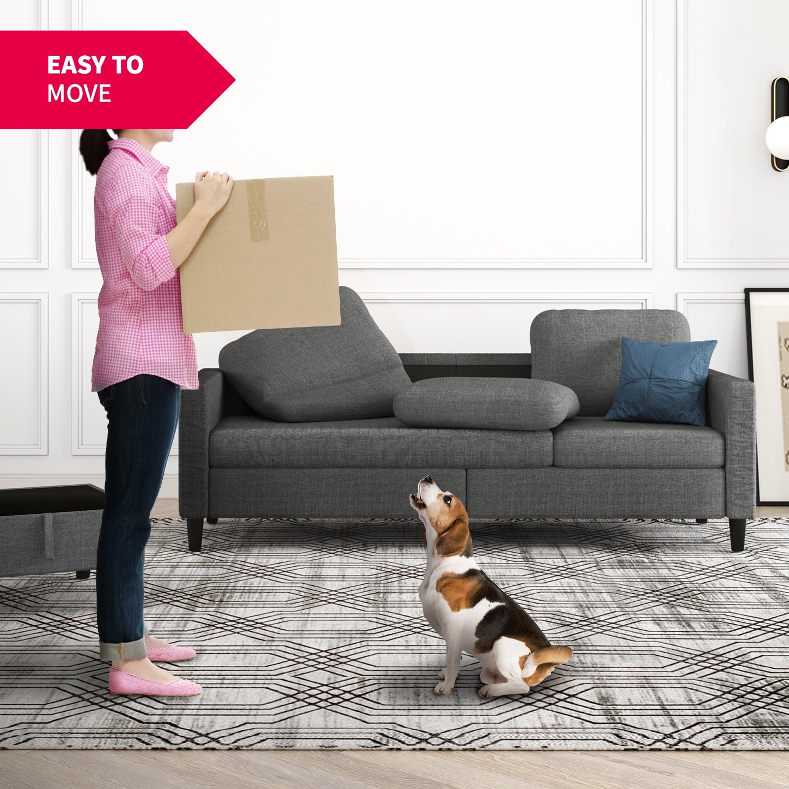 MUZZ 76" Small Space Sectional Sofa with Storage – L-Shaped with Storage Ottoman & Movable Modules, Dark Grey Linen Living Room Couch