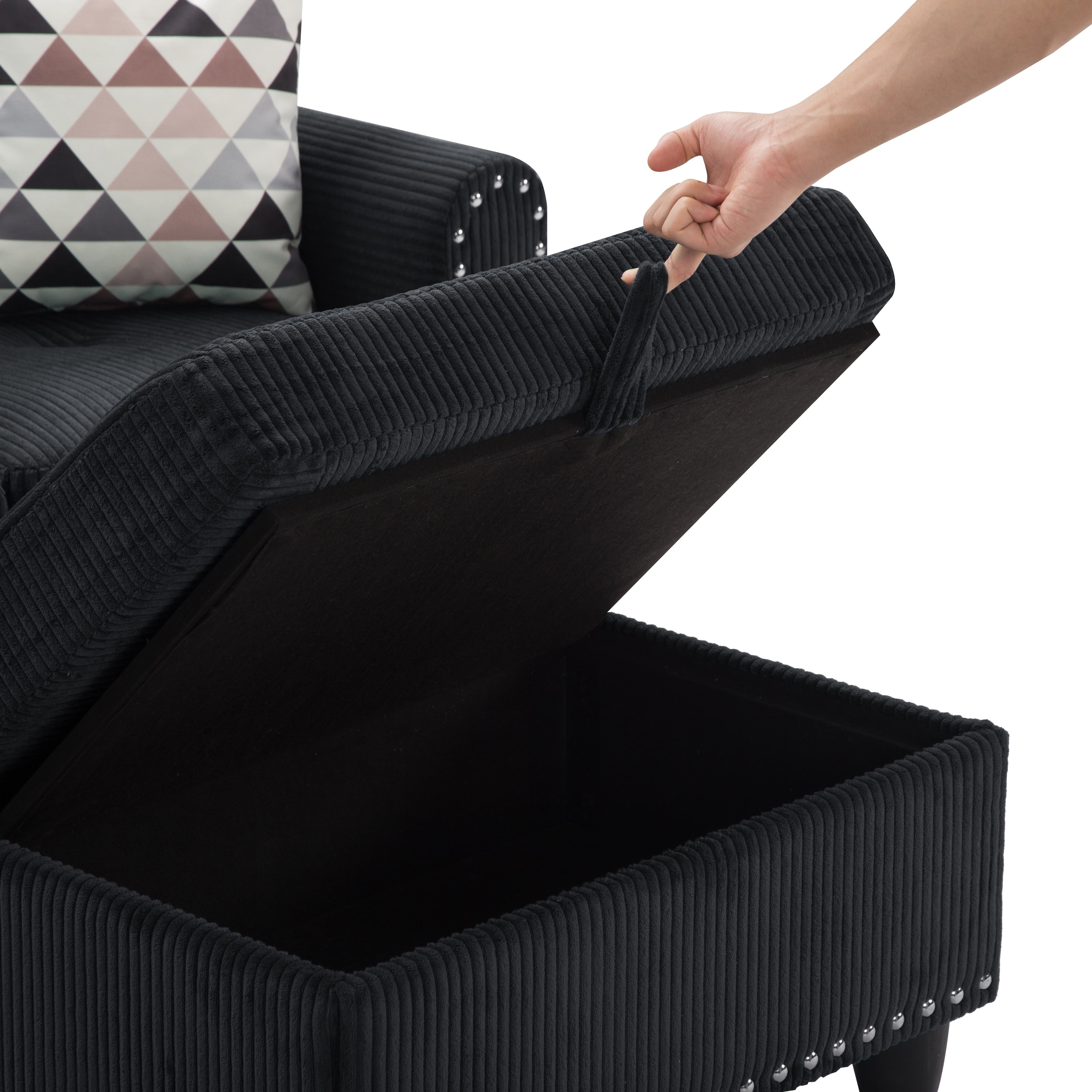 Gewnee 94.49" L-shaped Modular Fabric Sofa Set with Storage Ottoman and Cup Holders & throw pillows.Suitable for Living Rooms,Offices and Reception Rooms.Black