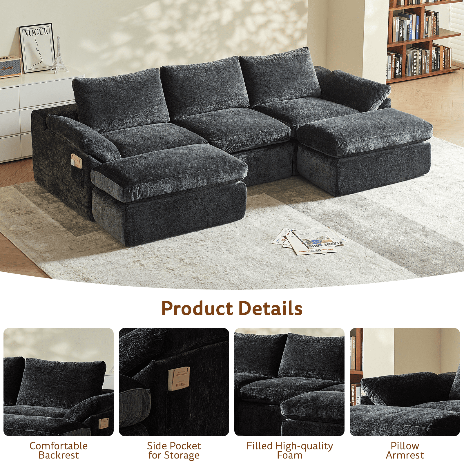 GEMBED 108" Modular Sectional Sofa U Shaped Cloud Couch with Deep Seat and Movable Ottoman Boneless Couches for Living Room, No Assembly Required, Gray