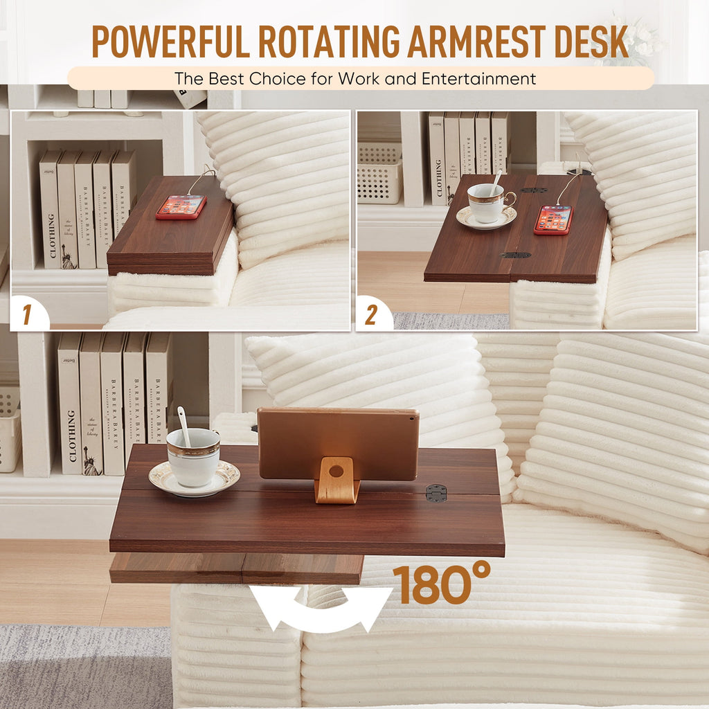 Muumblus Oversized Living Room Chair with Bluetooth Speaker, Ottoman, Rotating Table Board & USB, Cozy Indoor Lounge Reading Armchair, White Corduroy