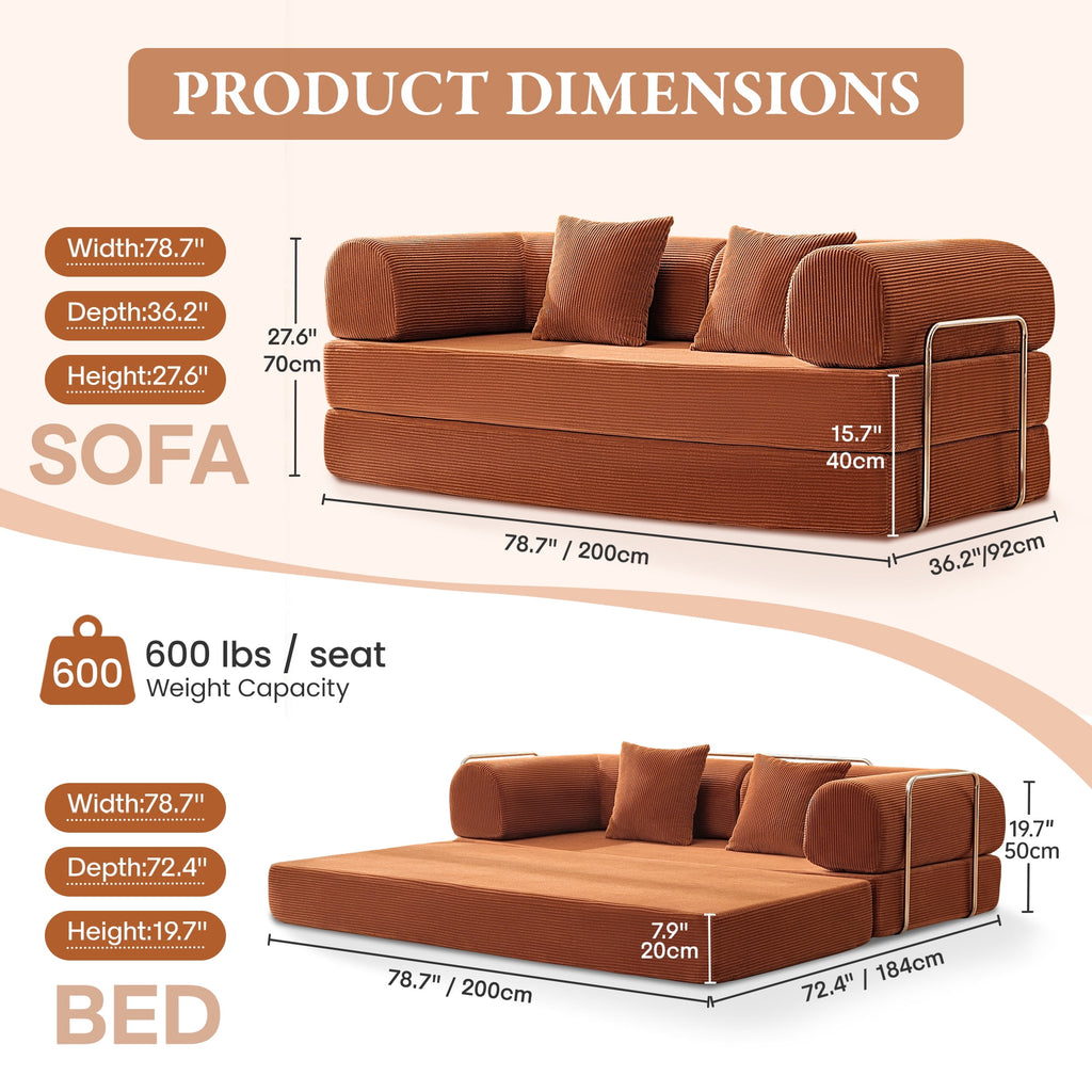 COOLHUT 78.7" W Combination Sofa, High Rebound Density Sponge Sofa Couch, Two Forms Floor Couch Three Seats Sofa Bed for Living Room, Bedroom, Pumpkin Brown