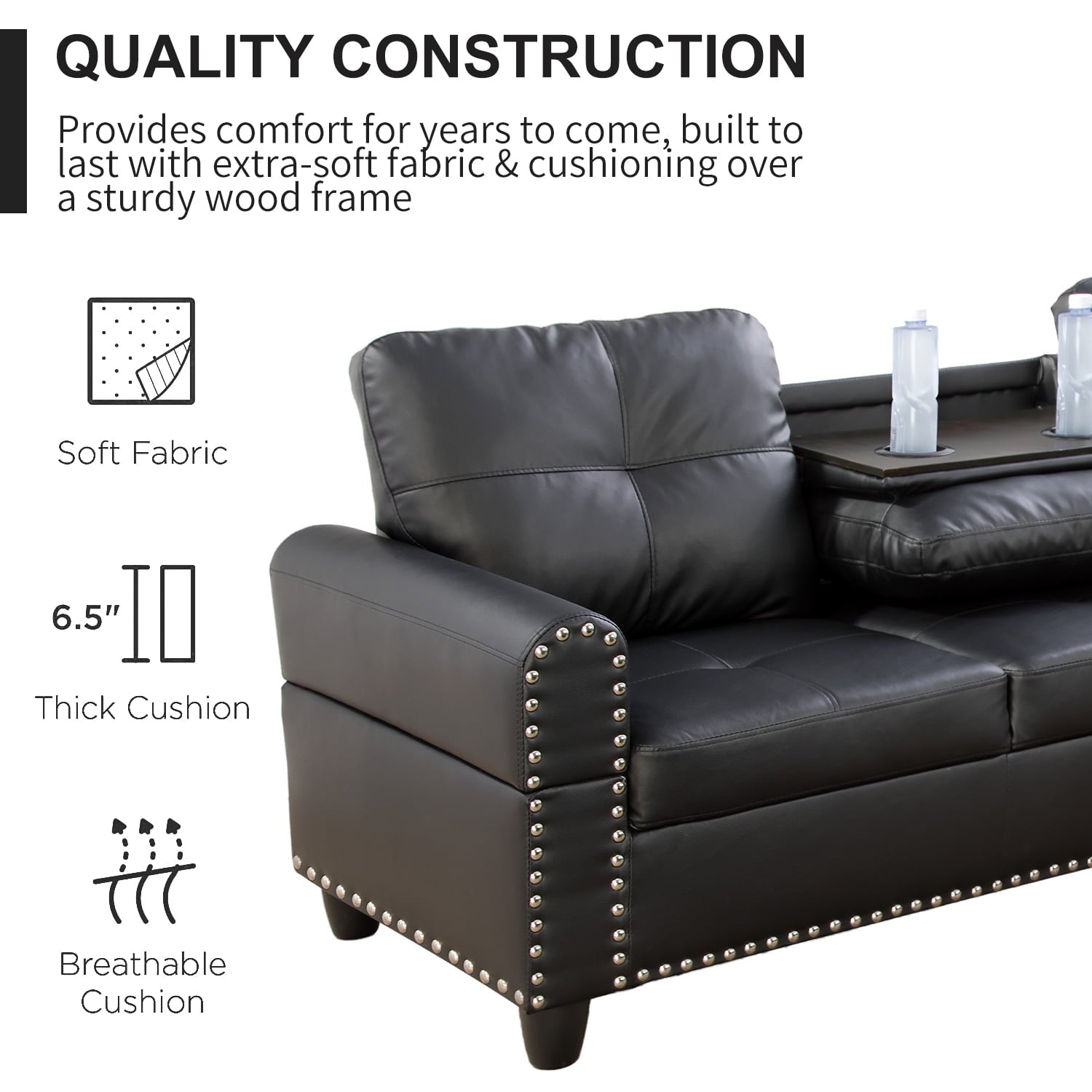 L Shaped Couch, Modular Sectional Sofa with Chaise, Modern Modular Sofas Furniture Sofa Couches for Living Room/Apartment/Office/Bedroom, Black