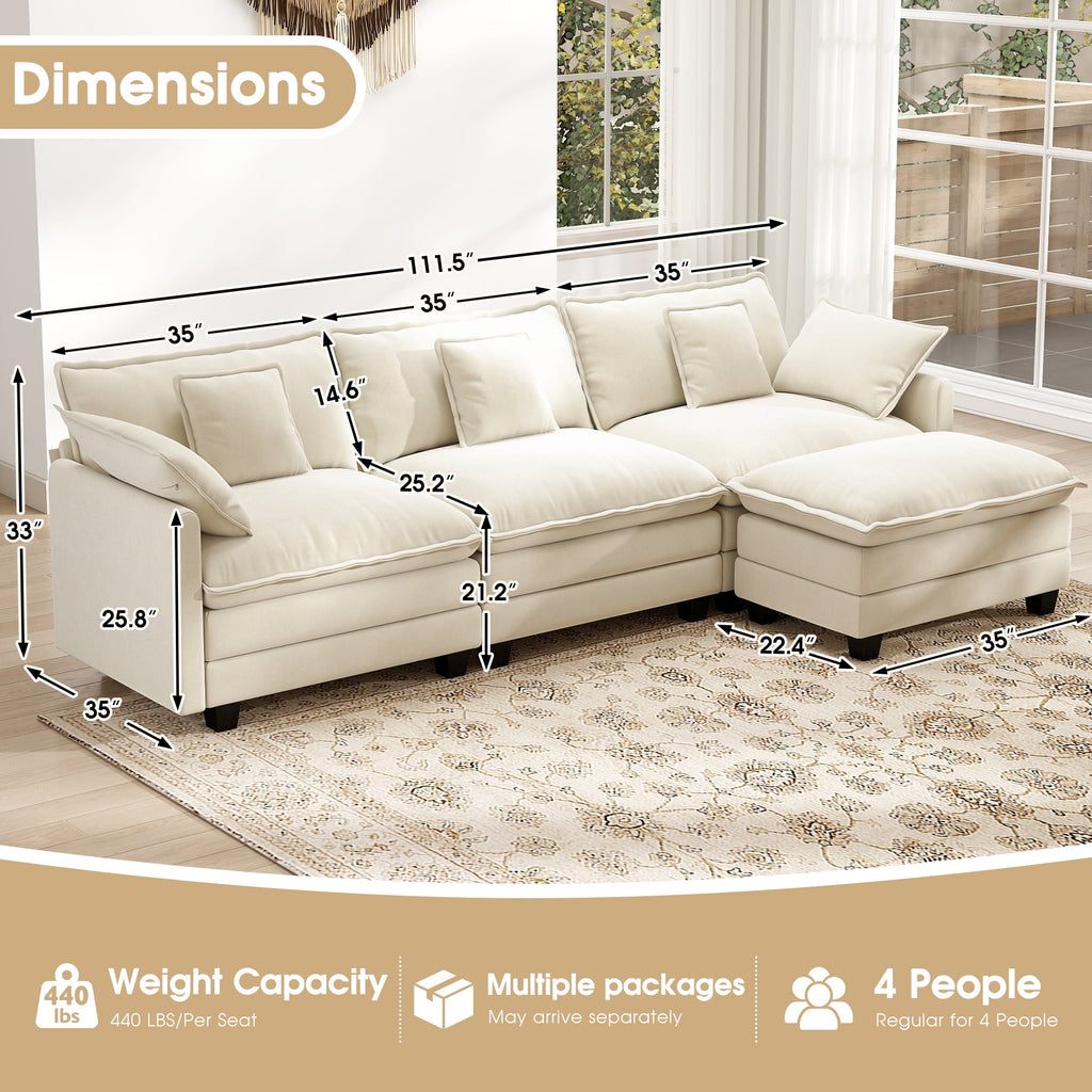 BedLuxury 111.5'' Modular Sectional Sofa with Movable Ottoman, L Shaped Cloud Couch for Living Room, 3-Seat, Beige