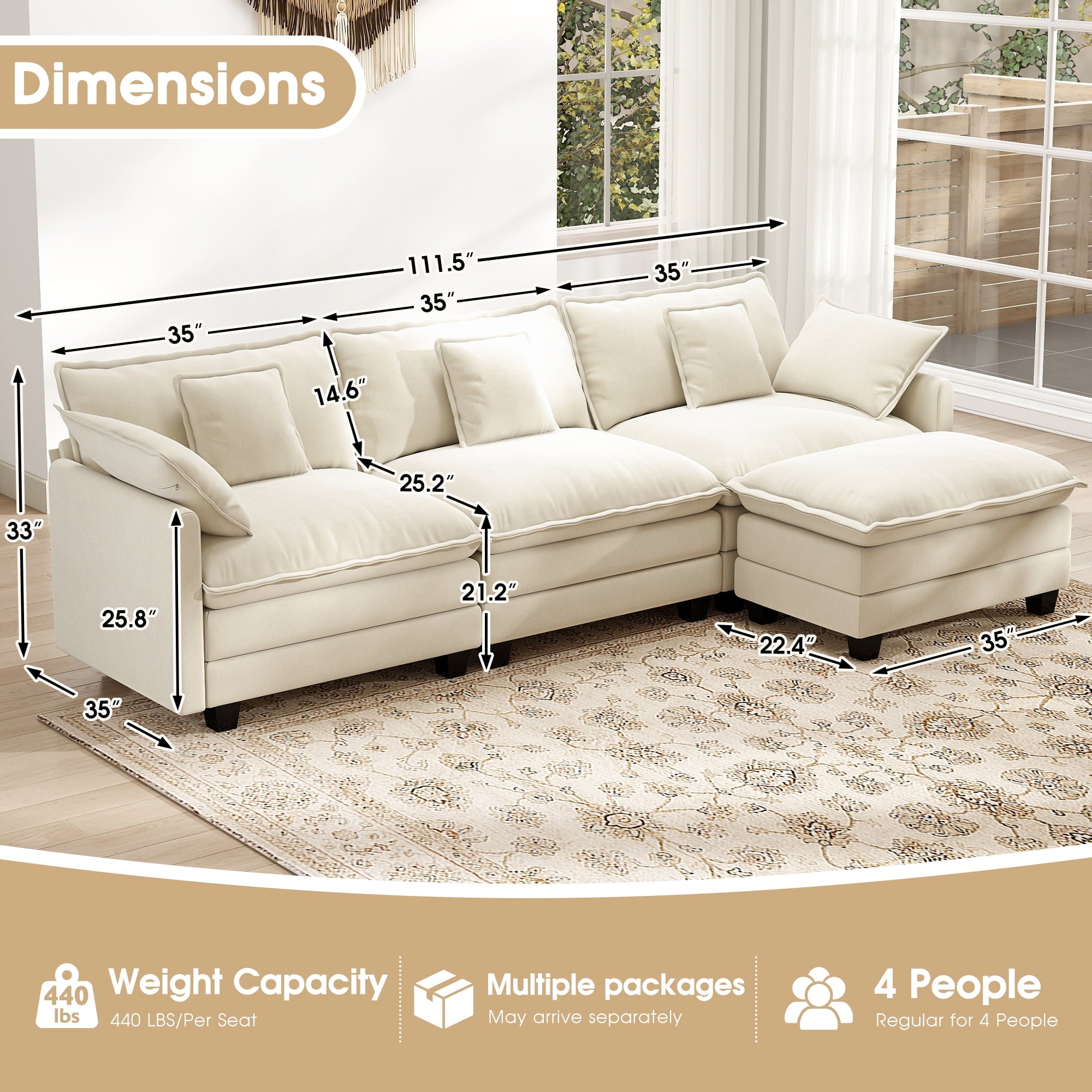 BedLuxury 111.5'' Modular Sectional Sofa with Movable Ottoman, L Shaped Cloud Couch for Living Room, 3-Seat, Beige