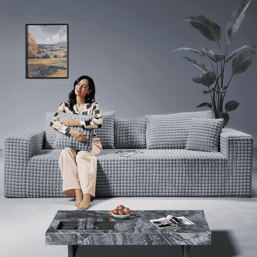 101" No-Assembly Diamond Sofa for living Room, 4 Seater Couch with 30-inch Deep Seat, Soft Fleece Design with 2-Layer Sponge - Ready to Use Out of the Box