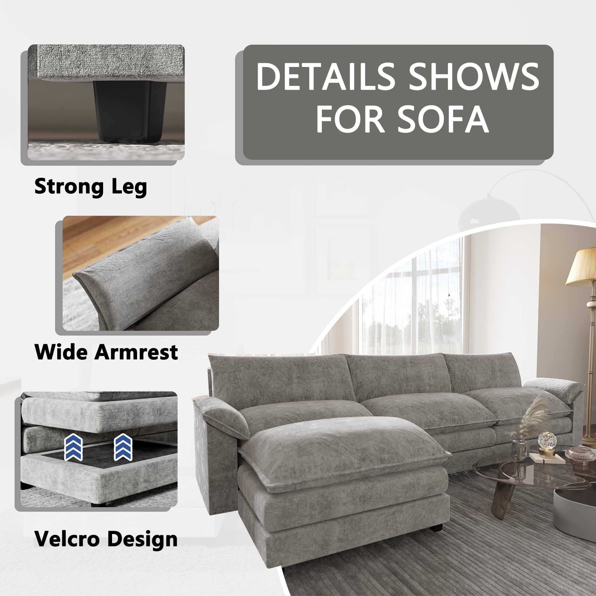 Furmax 3-seat Sectional Sofa Sectional Couch with Reversible Toffee Chair Convertible Sofa with Ottoman,Gray