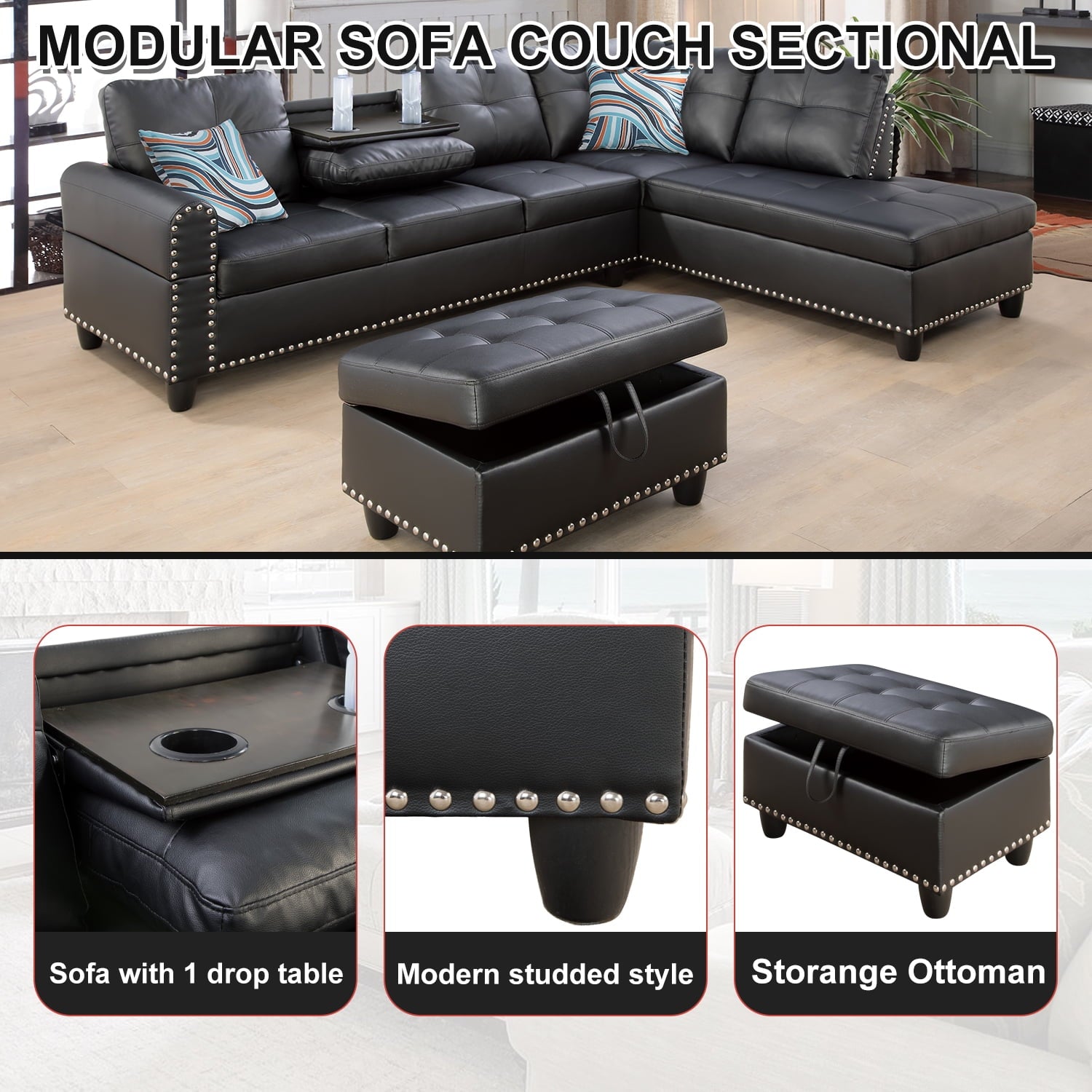 L Shaped Couch, Modular Sectional Sofa with Chaise, Modern Modular Sofas Furniture Sofa Couches for Living Room/Apartment/Office/Bedroom, Black