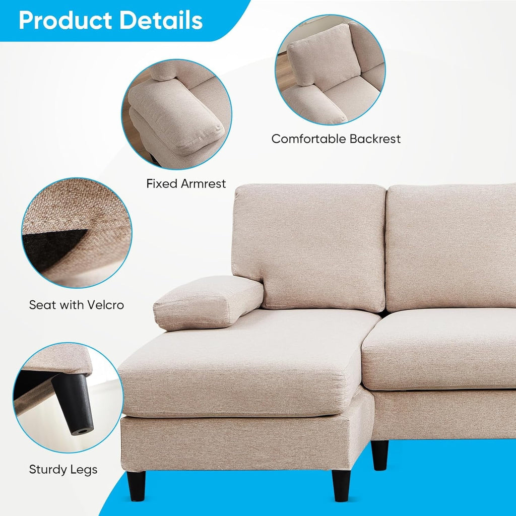 Puremind 114"W U-Shaped Sectional Sofa, Linen 4 Seat Sectional Couch with Double Chaises for Living Room/Apartment, Beige