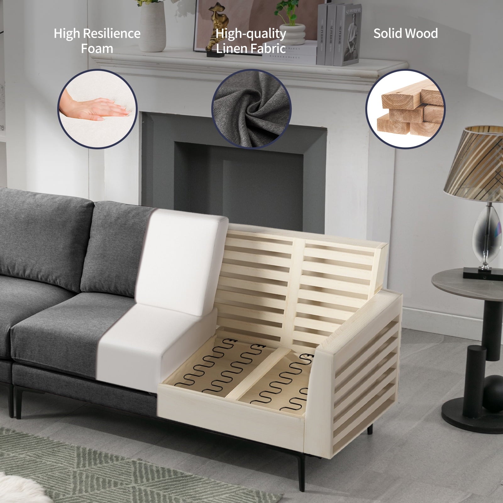 ijuicy L Shaped Sectional Sofa, 6 Seater Corner Modular Sofa, Living Room Furniture Sets - Dark Grey