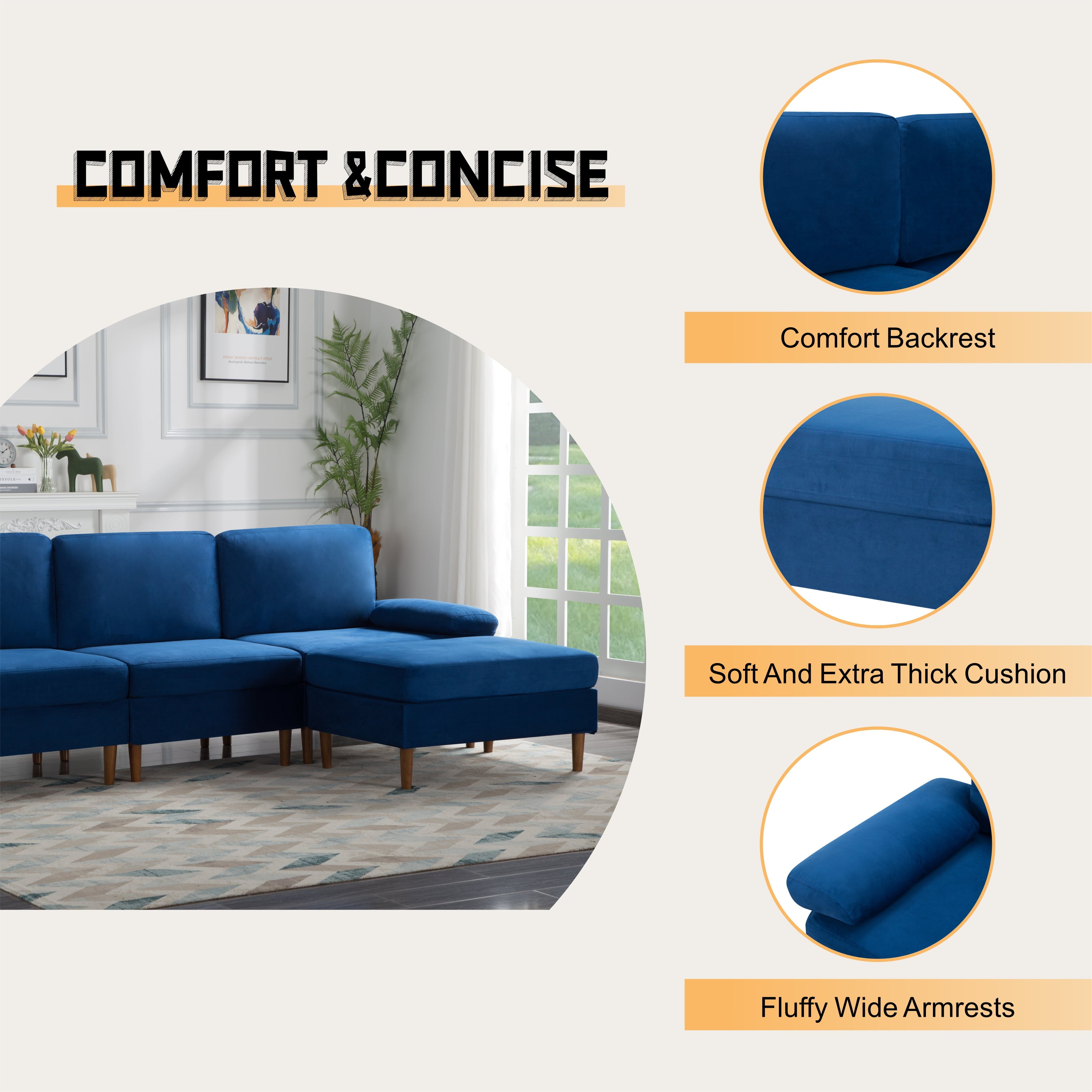 Gewnee Modern Sectional Sofa,L-shaped sofa with Movable Ottoman,Velvet Deep-Set sofa,Suitable for Living Rooms and Apartments(Navy Blue)