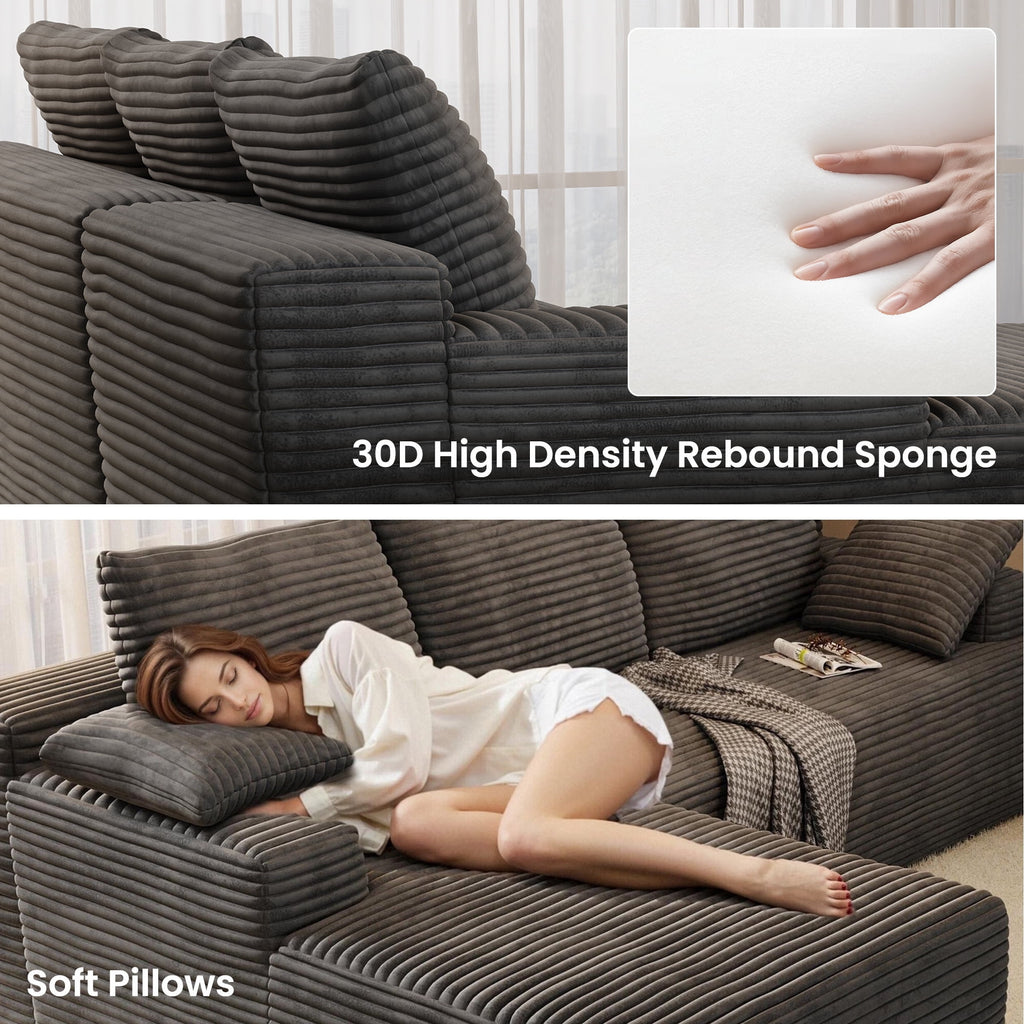 104" Cloud Sectional Couch with L-Shape Chaise, Modern Modular Sofa with Deep Seat, Upholstered Couches with Back Cushion for Living Room Bedroom, No Assembly Required, Black Grey (Corduroy Fabric)