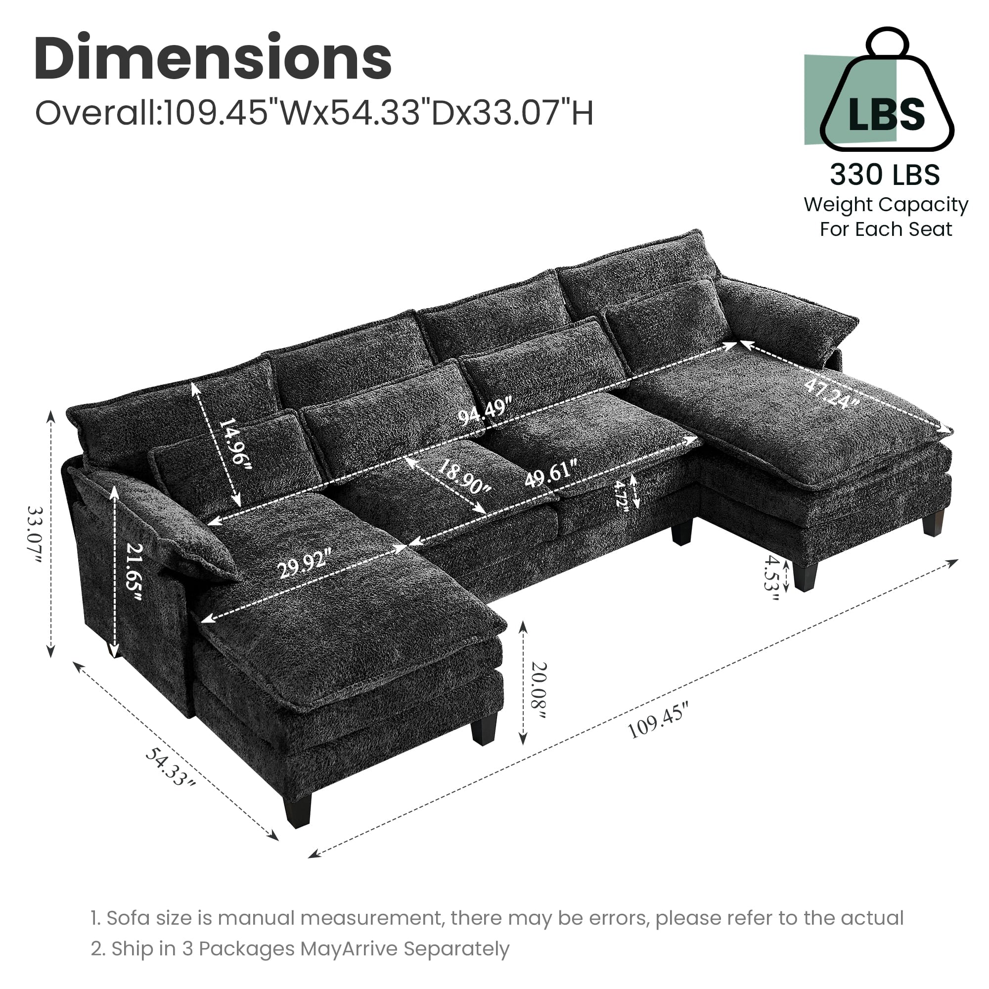 JONPONY 109.45"U Shaped Couch, 4 Seat Sectional with 4 Throw Pillows, Convertible Upholstery Symmetrical Sofá,High Dense Memory Foam with Double Chaise Lounge &Memory Foam for Living Room, Black Grey