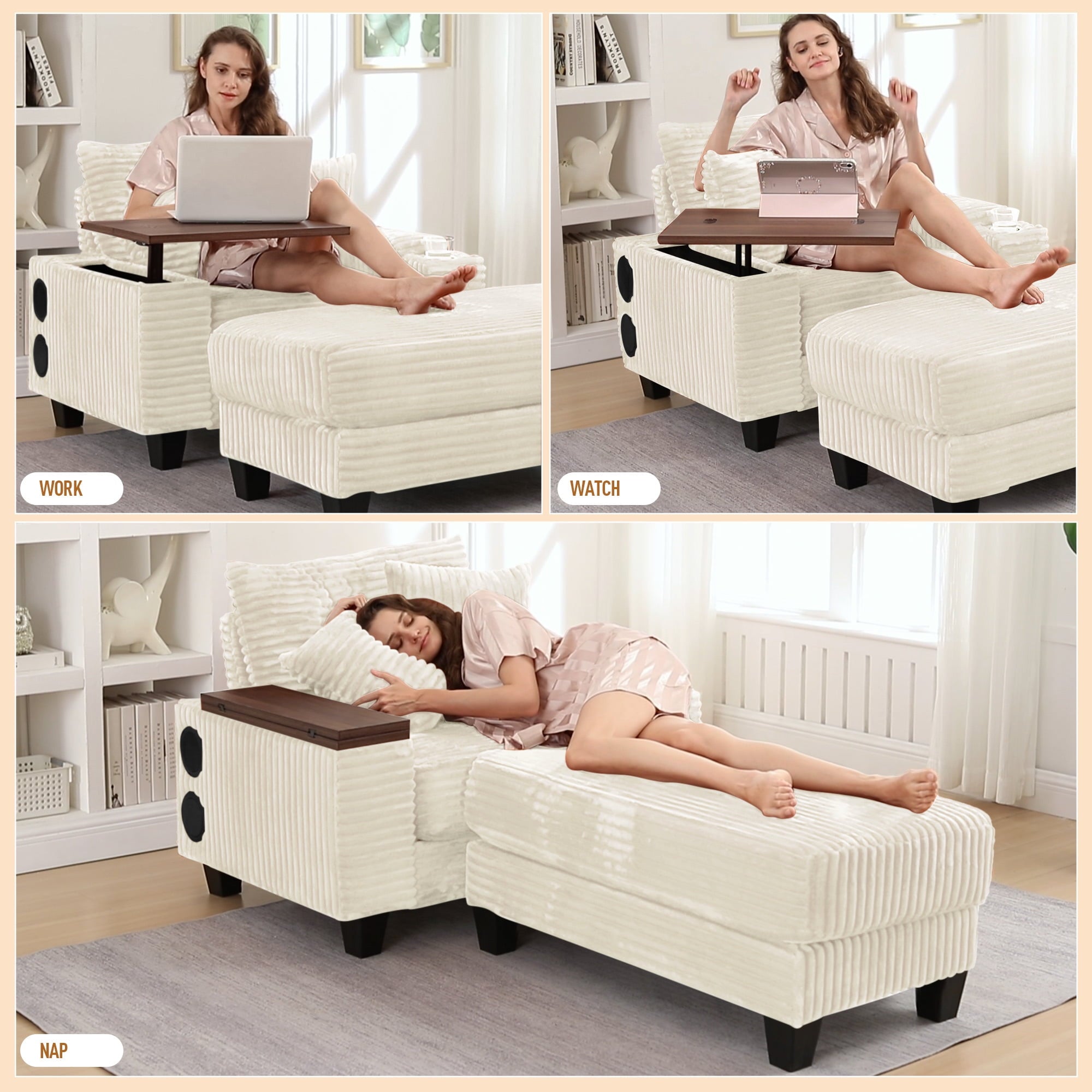 Muumblus Oversized Living Room Chair with Bluetooth Speaker, Ottoman, Rotating Table Board & USB, Cozy Indoor Lounge Reading Armchair, White Corduroy