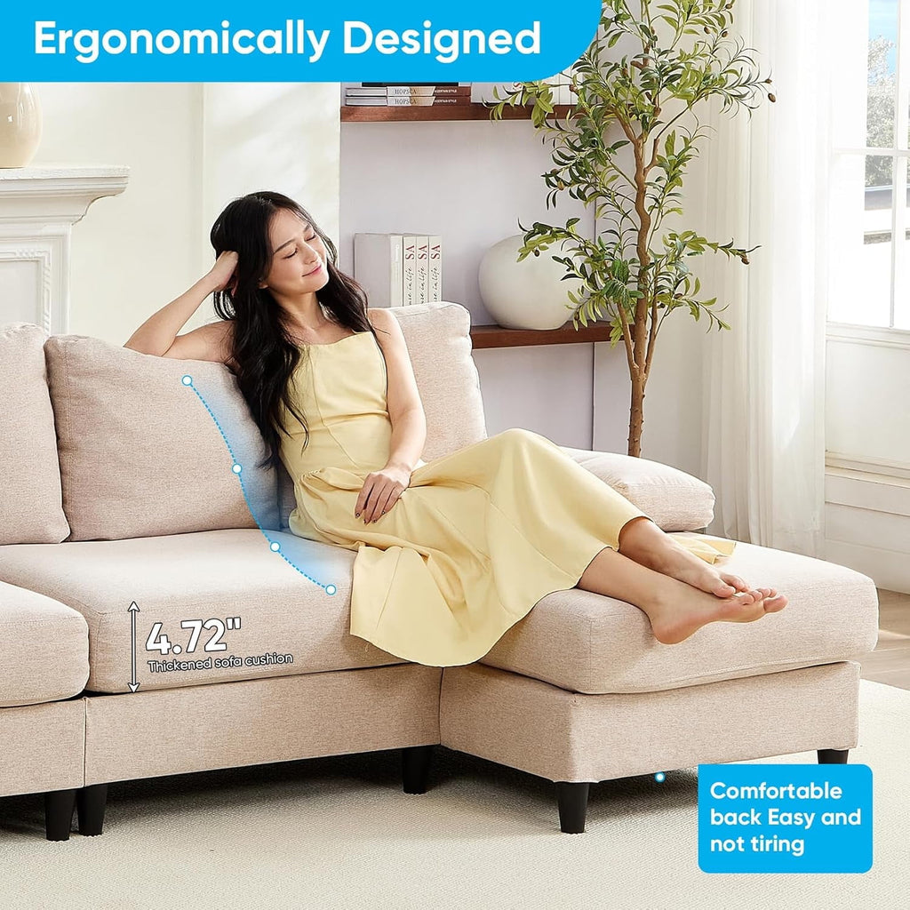 Puremind 114"W U-Shaped Sectional Sofa, Linen 4 Seat Sectional Couch with Double Chaises for Living Room/Apartment, Beige