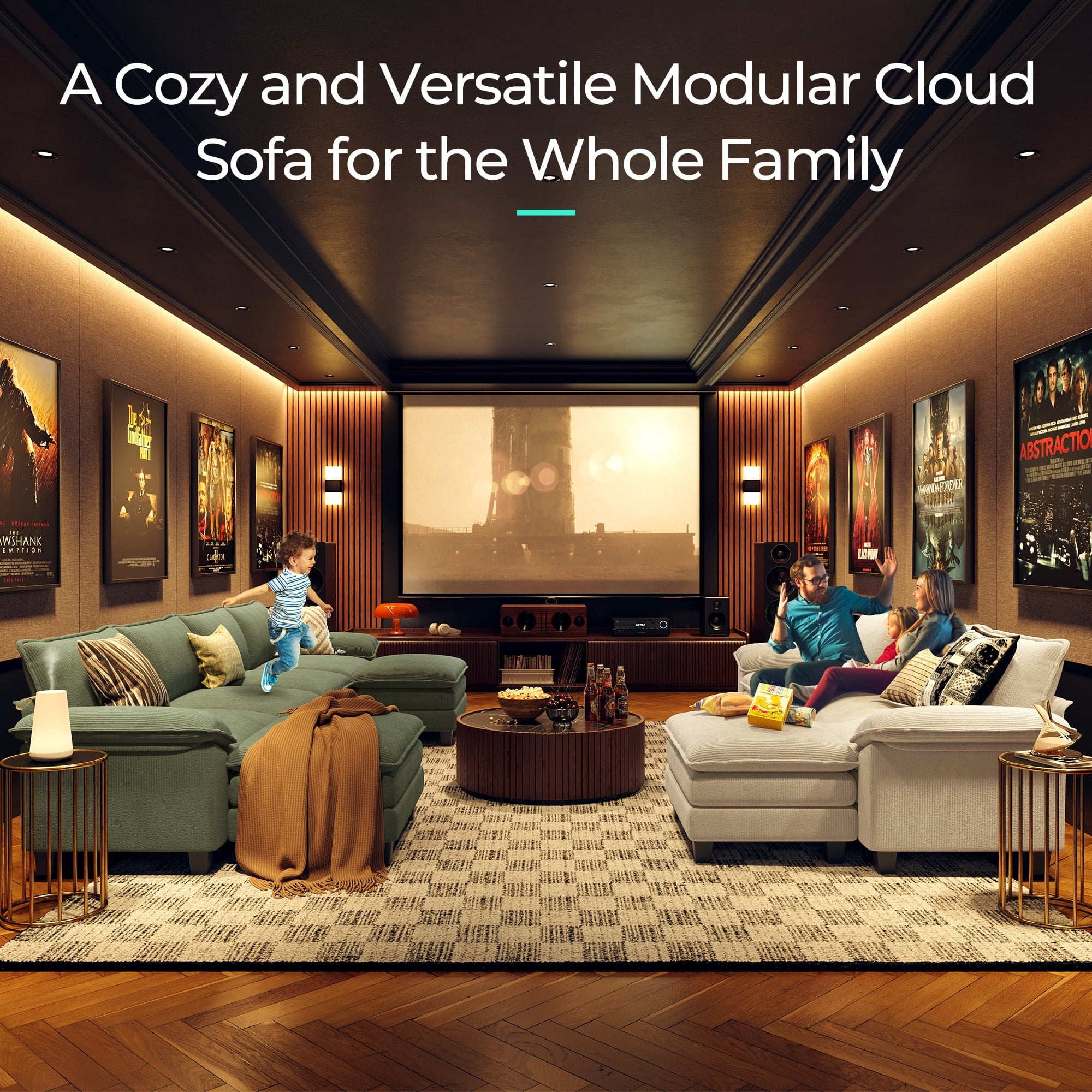 Linsy Home 123" Cloud Modular Sectional Sofa for Living Room, L-Shaped Cloud Sofa Couch with Corduroy Fabric, 3 Seat Oversized Couch with Movable Ottoman, Green