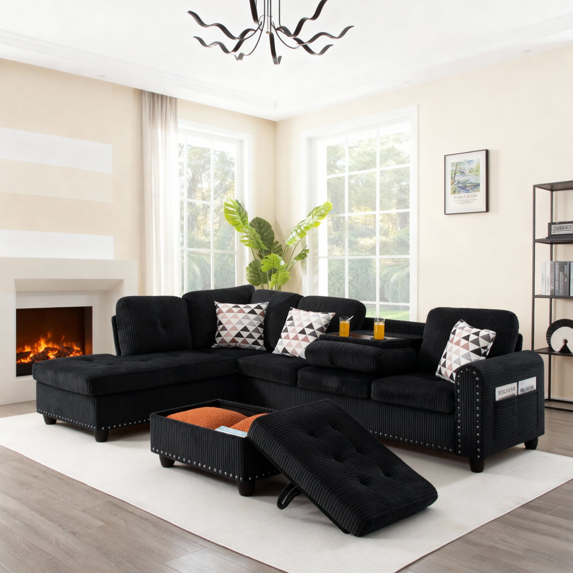 Gewnee 94.49" L-shaped Modular Fabric Sofa Set with Storage Ottoman and Cup Holders & throw pillows.Suitable for Living Rooms,Offices and Reception Rooms.Black