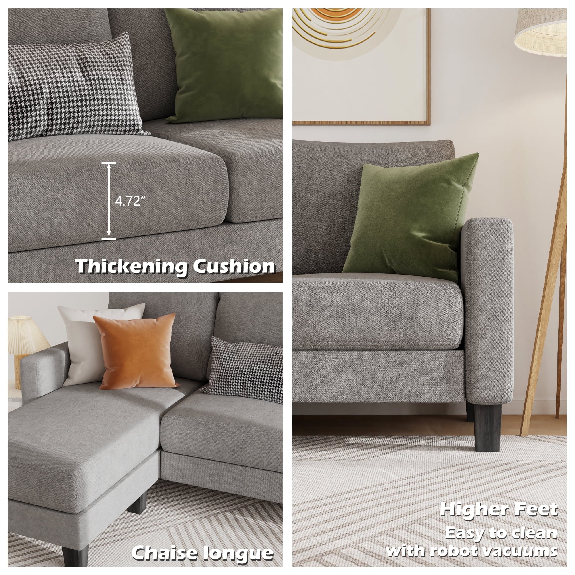 Homall Convertible Sectional Sofa Couch, Modern Linen Fabric L-Shaped Couch 3-Seat Sofa Sectional with Reversible Chaise for Small Living Room, Apartment and Small Space, Light Gray