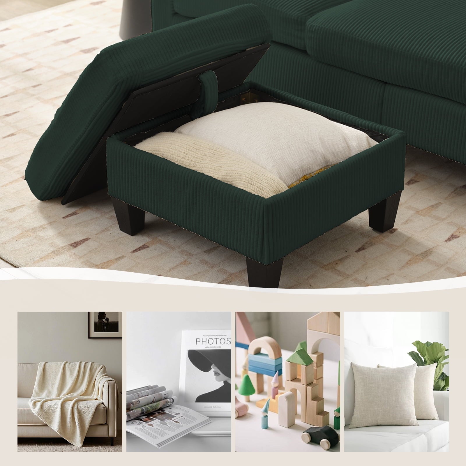 ZAFLY 3PCS Sectional Couch Set, Living Room Furniture Sofa Sets, Include Sofa, Loveseat & Chair - Green