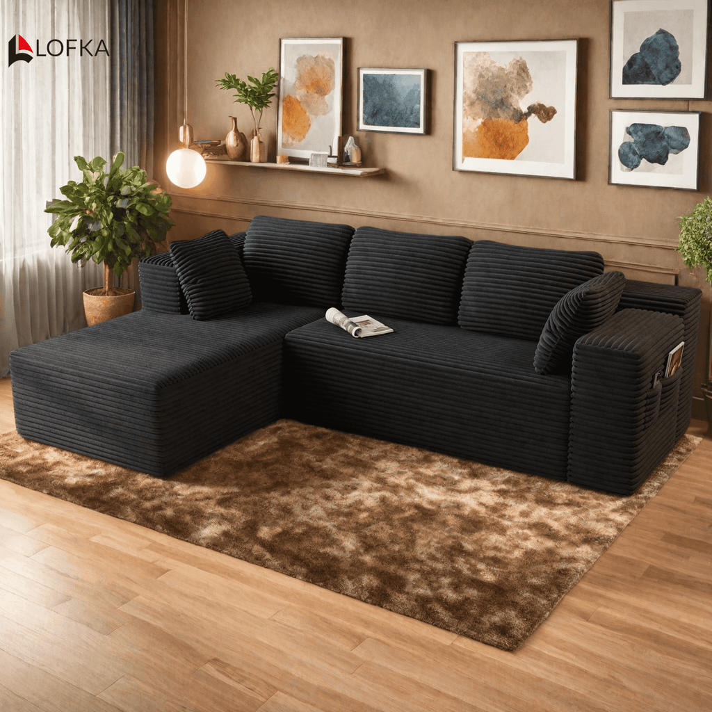 Lofka 105" Cloud L-Shaped Sectional Sofa and Couch with Movable Ottoman and Soft Seats for Living Room, No Assembly Required, Black (Plush Corduroy Fabric)
