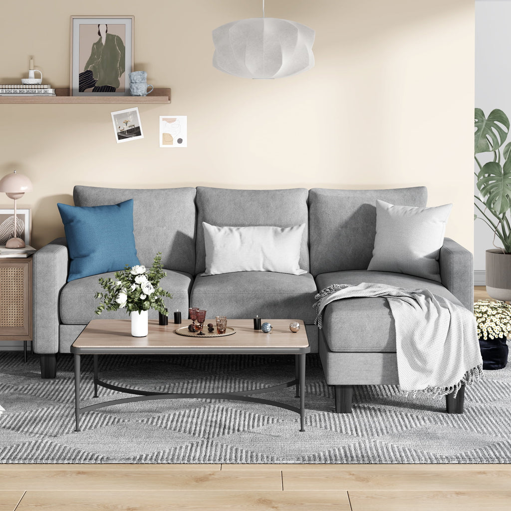 Homall Convertible Sectional Sofa Couch, Modern Linen Fabric L-Shaped Couch 3-Seat Sofa Sectional with Reversible Chaise for Small Living Room, Apartment and Small Space, Light Gray